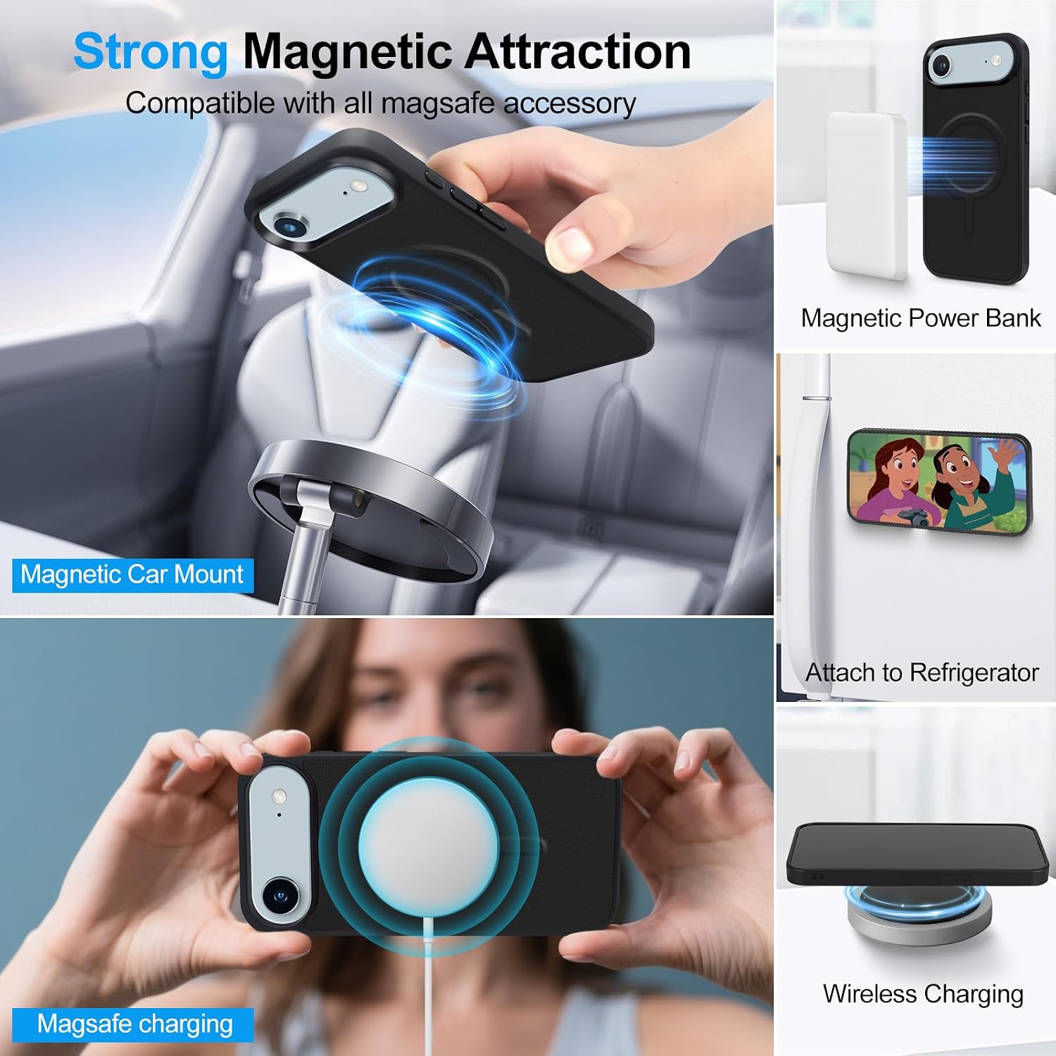 Magnetic Case for iPhone 17 Air Wallet Compatible with Magsafe RFID Blocking Card Holder Detachable Phone Cover Kickstand Snap Strap Zipper Pocket PU Leather 6.5 inch 2025 (Black)