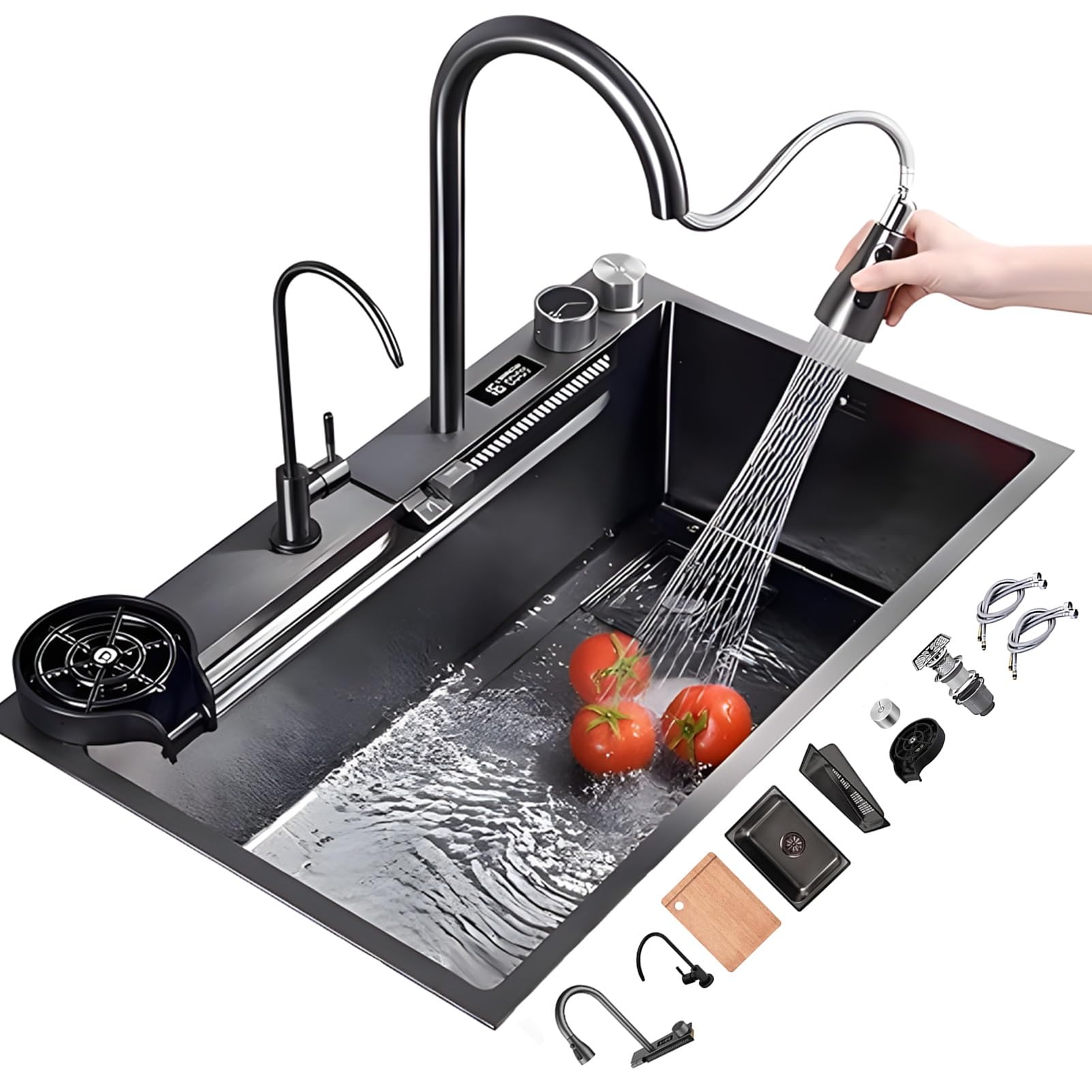 ZQFHSX 68x45cm Nano Stainless Steel Kitchen Sink – Single Bowl Workstation with Waterfall Pull-Out Faucet & Digital Display(Black-b,75x45cm)