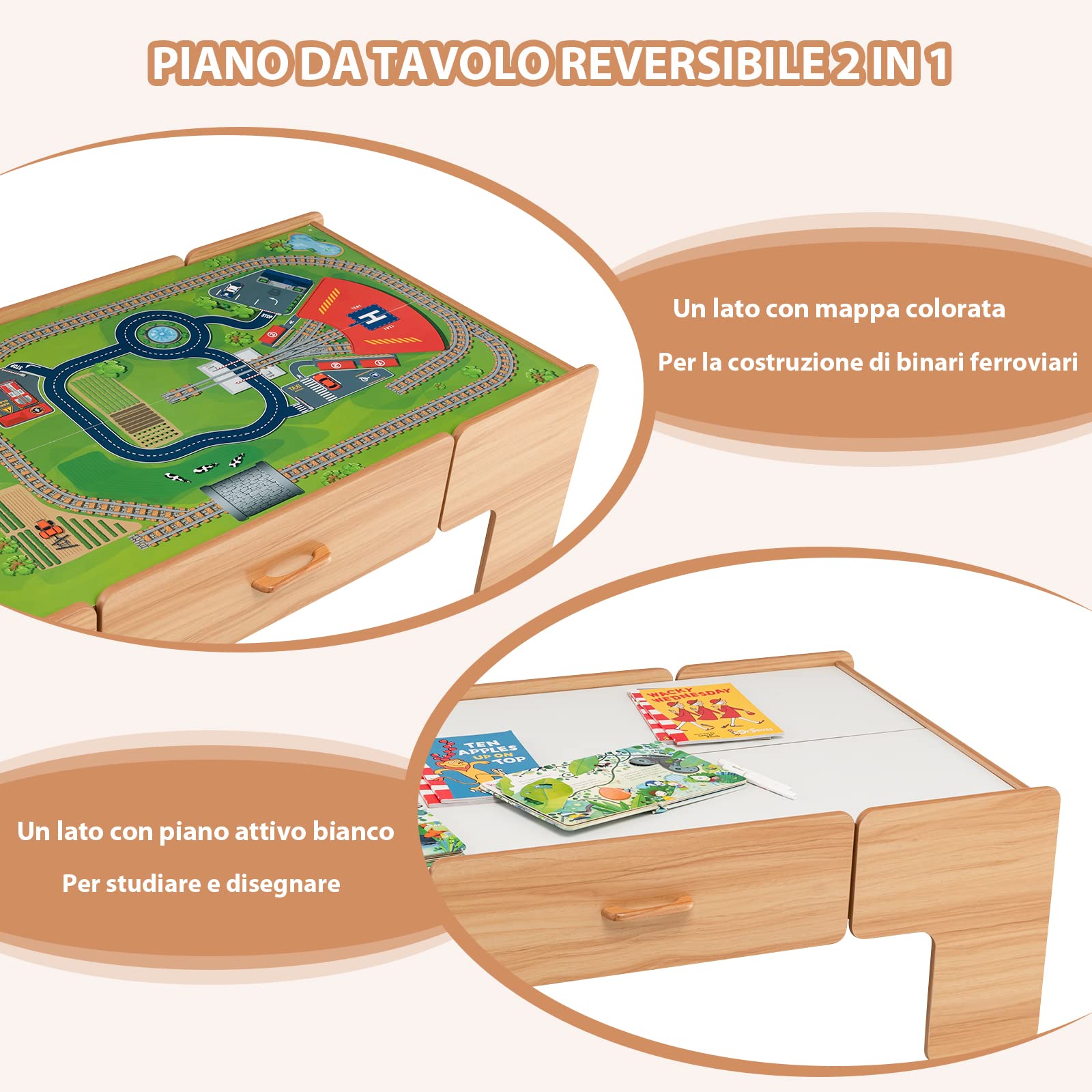 COSTWAY Tavolo e Set Treno Giocattolo in Legno, Set da Gioco Creativo Treni e Binari per Bambini con 100 Pezzi, Trenino per Bambini Anni 3+