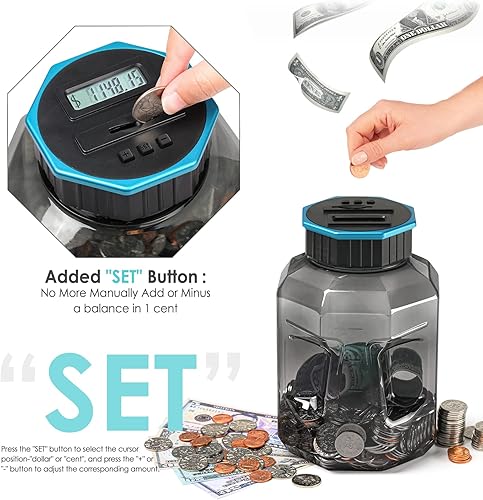 Miniatura 5 de Vcertcpl - Alcancía grande para adultos y niños, banco de monedas digital con capacidad de 2.4 litros, gran contador de monedas, tarro de conteo de