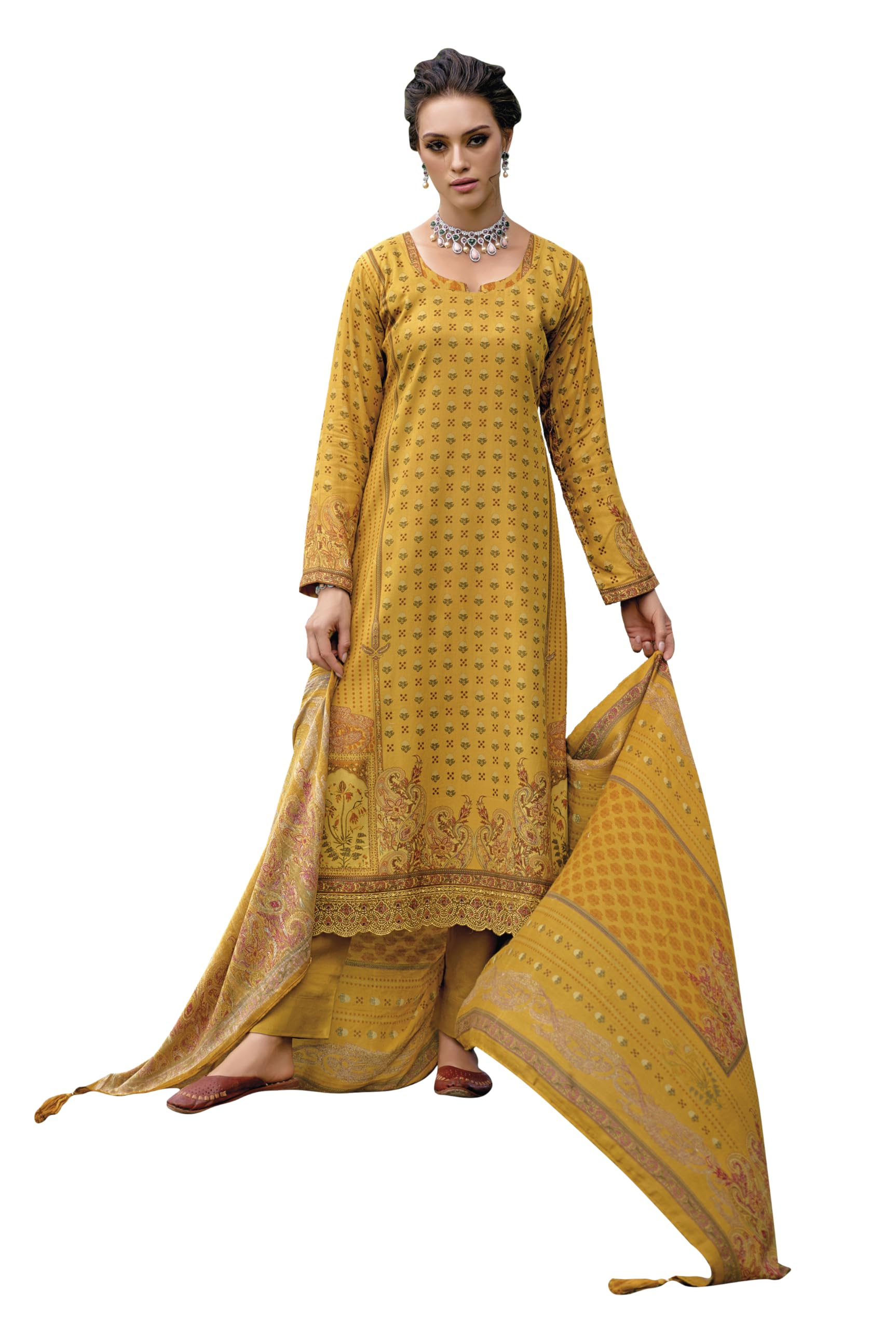Women's Pure Viscose Pashmina Digital Printed Hand Work Unstitch Salwar Suit Dress Material with Pure Pashmina Shawl Dupatta-image-22