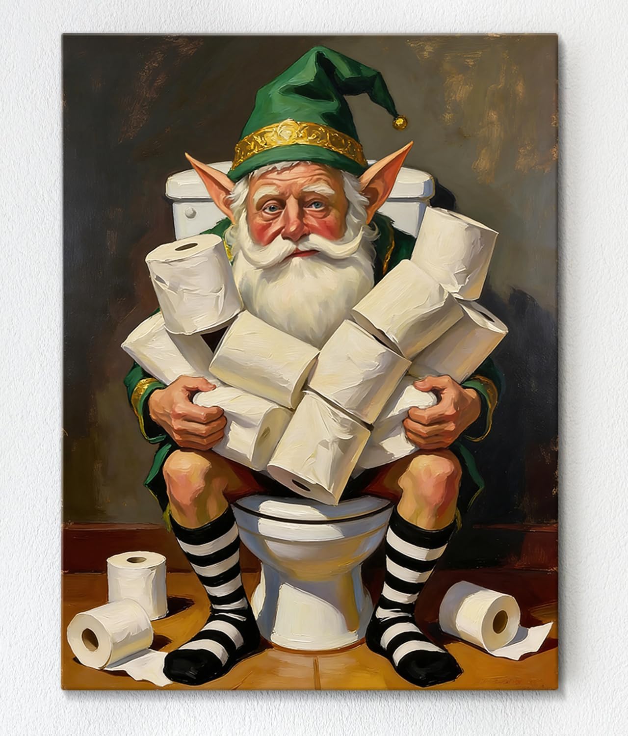 Funny St. Patrick's Day Wall Art Print Vintage Leprechaun on Toilet Picture, Waterproof Painting Humor Irish Holiday Wall Decor Gifts for Bathroom Restroom Home Ready To Hang (24x32, Canvas Framed)