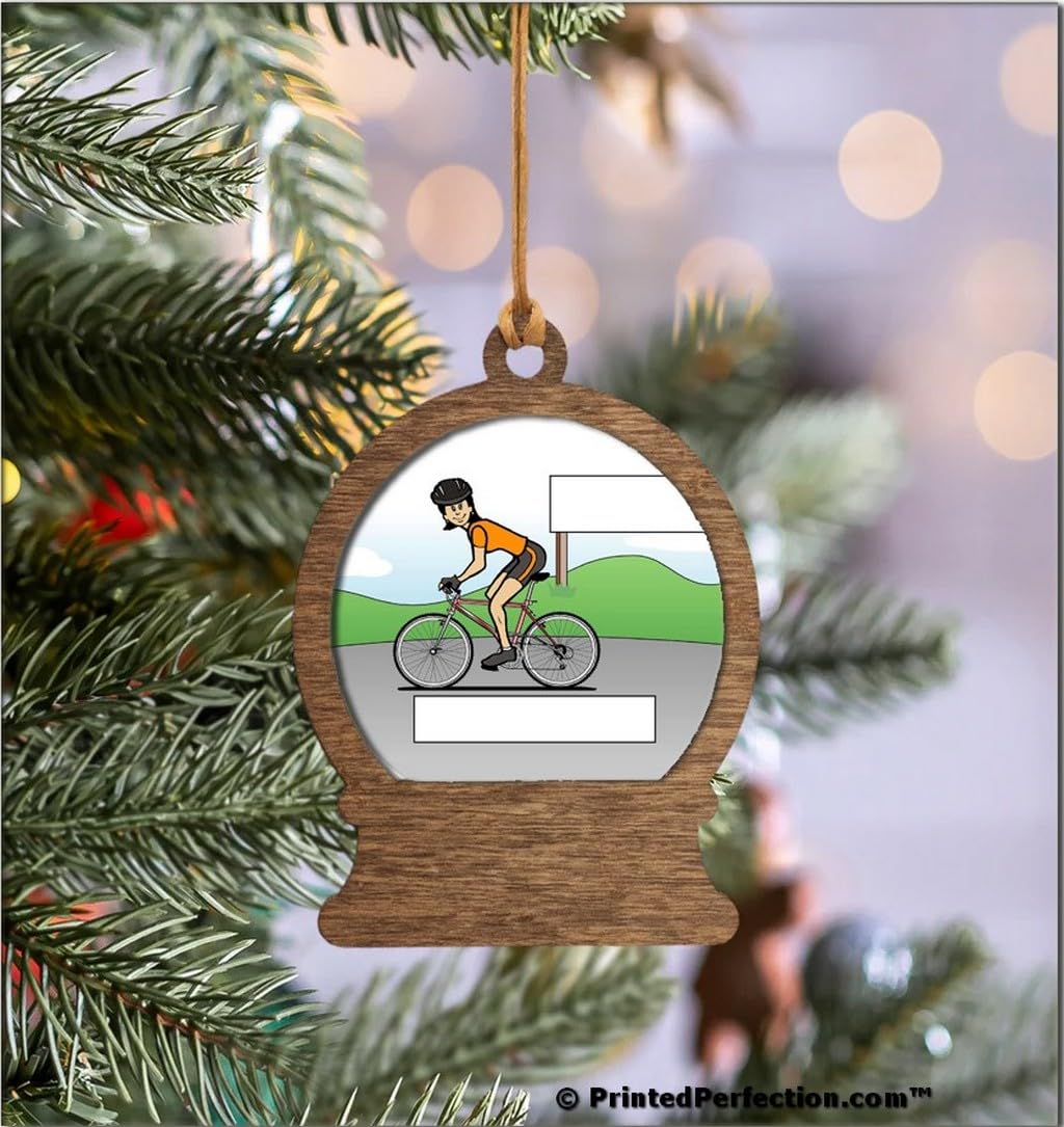 PrintedPerfection.com Personalized Cyclist Female Wooden Snow Globe Shaped Christmas Ornament