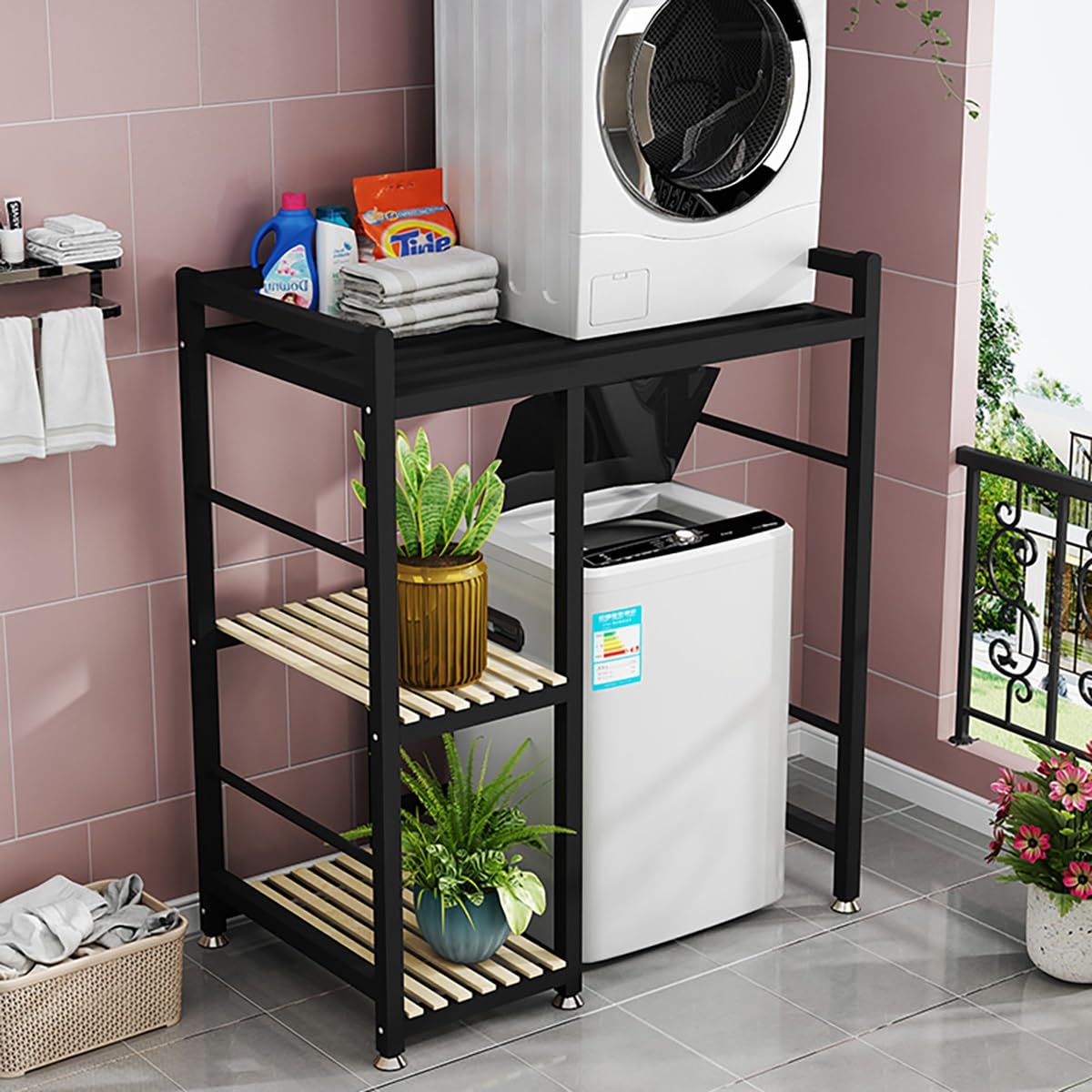 Lavatrice Scaffale A 3 Ripiani,Supporto Lavatrice Asciugatrice,Tamburo Lavastoviglie Ripiano Di Stoccaggio,Mobiletto Sopra Lavatrice,Supporto Asciugatrice Sopra Lavatrice,Per Bagno, Lavanderia(Black-A