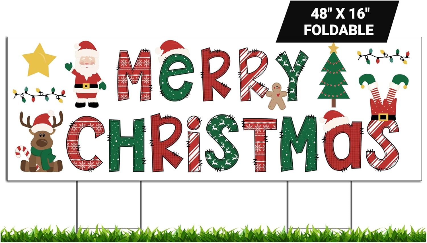 Merry Christmas Holiday Yard Sign 48x16 inches Foldable with Stakes for Christmas Outdoor Lawn Decorations, Large Corrugated Plastic, Waterproof - Made in USA