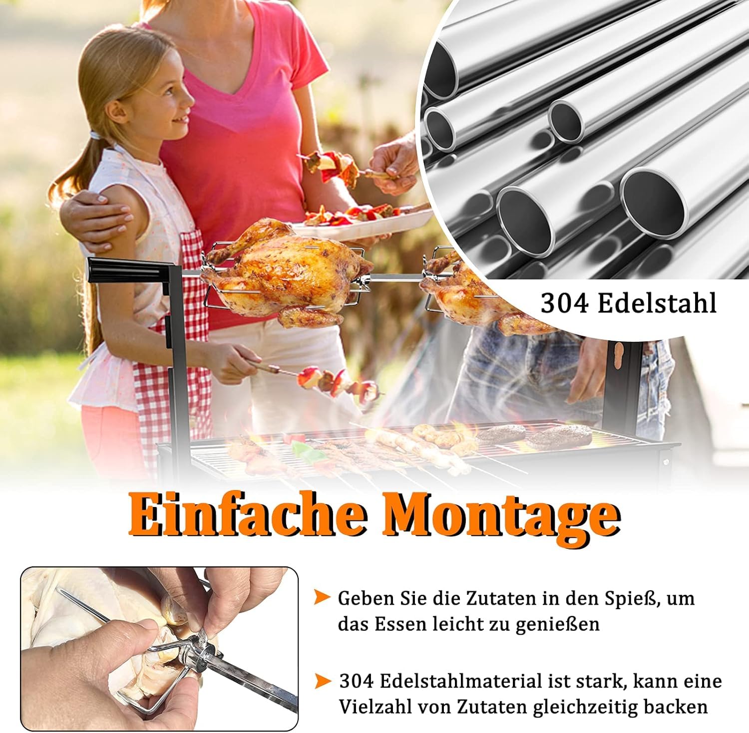 AufuN Zestaw obrotowych szpikulców ze stali nierdzewnej, grill gazowy, rożen do grilla 107 cm, z 4 igłami do mięsa, 220 V – 240 V, elektryczny rożen obrotowy, na podróż, kemping, piknik