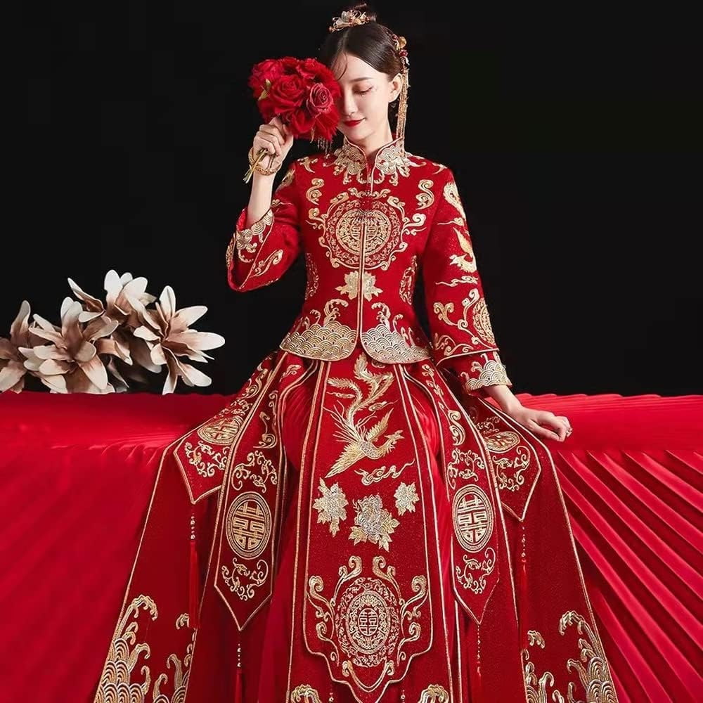 Modern Cheongsam Top + Skirt Suit Red Qipao Long Chinese Traditional Wedding Dress Oriental Style Xiuhefu Dresses (Color : Headwear, Size : X-Small) : Clothing, Shoes & Jewelry