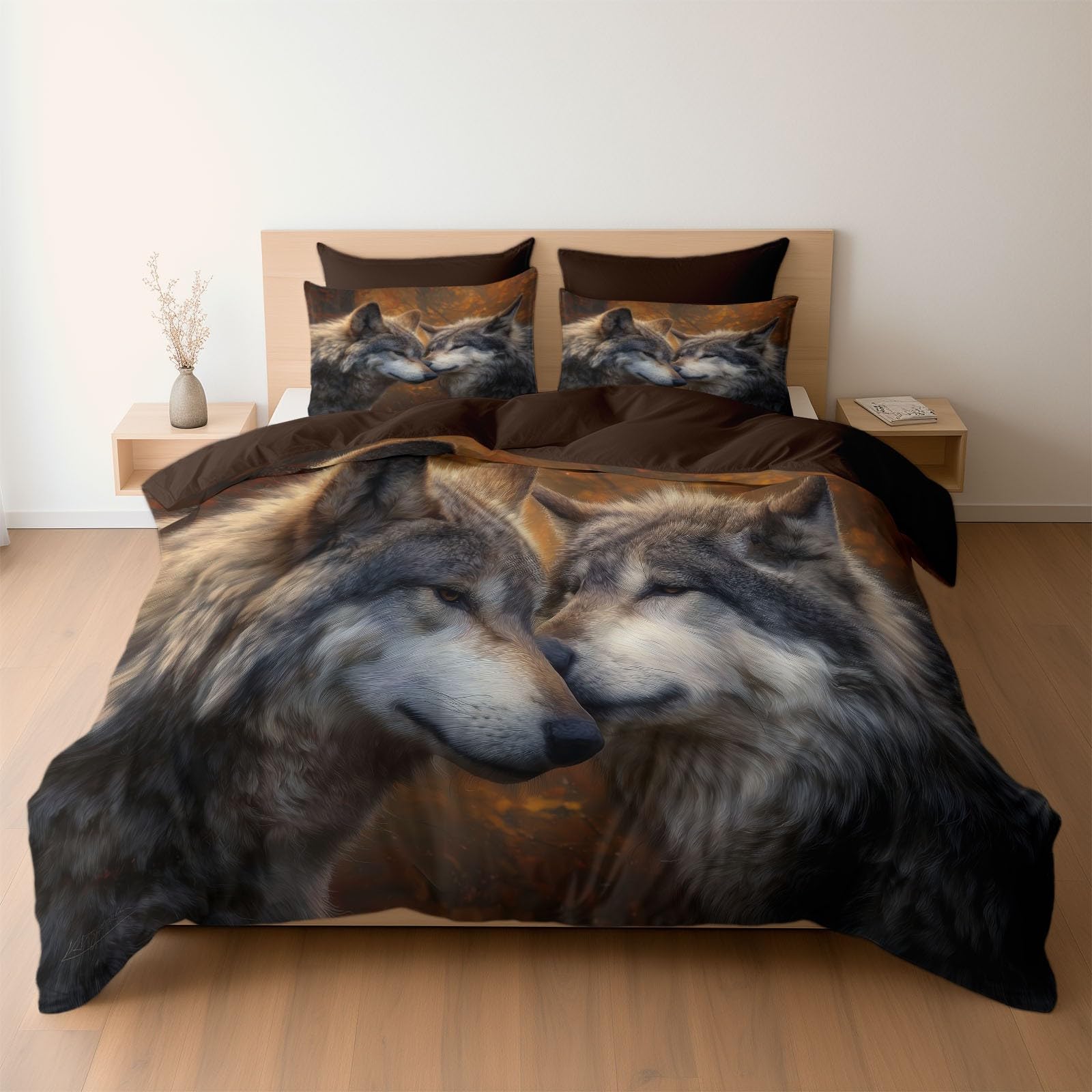 Housse de couette loups amoureux marron pour des nuits douces et cocoon