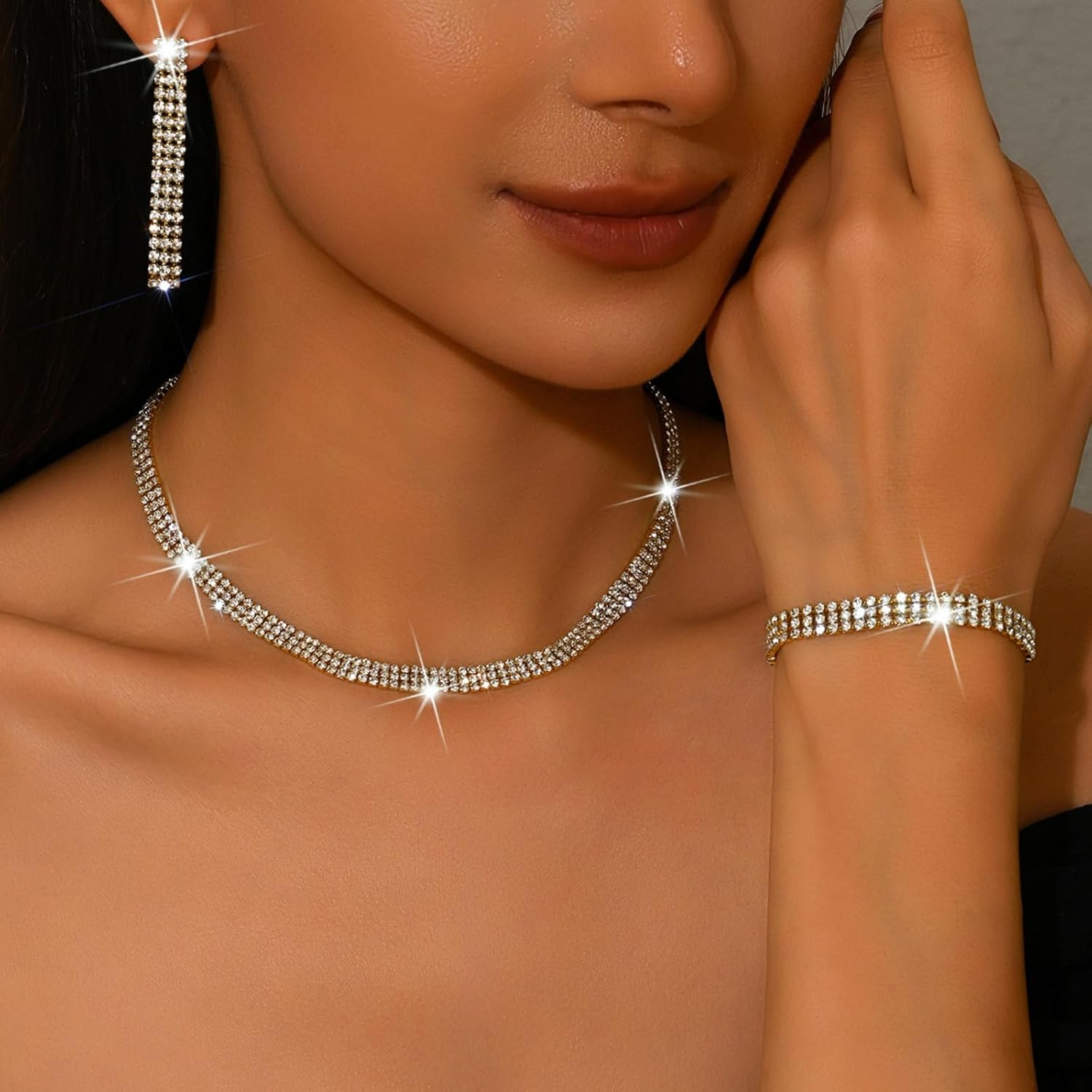 Brides Wedding Earrings Bracelet Necklace Set Vintage Sparkle Rhinestone Earrings Grace Crystal Bracelet Necklace Statement Party Wedding Ball Costume Jewelry Set for Women - Image 2