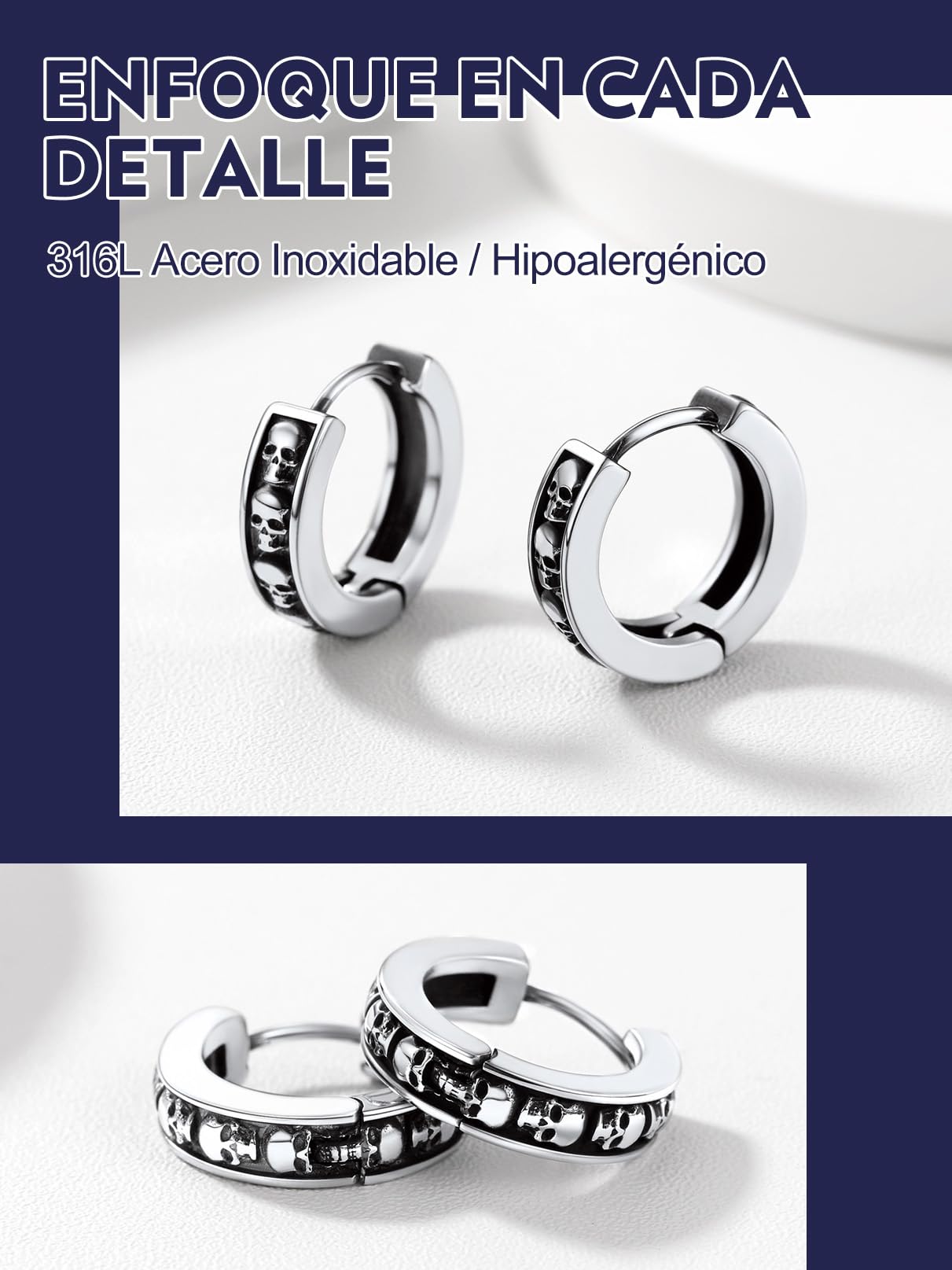 Bandmax Pendientes Aros Calaveras Cráneos Estilo Gótico, Piercings Oreja Skeleton Skull Pendientes de Acero Quirúrgico, Joyero Incluido