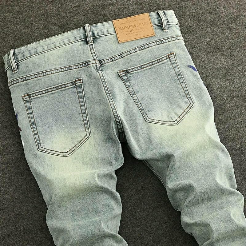 Mens Jeans Retro Washed Blue Stretch Slim Fit Ripped Jeans Men Painted Designer Vintage Casual Pencil Denim Pants4