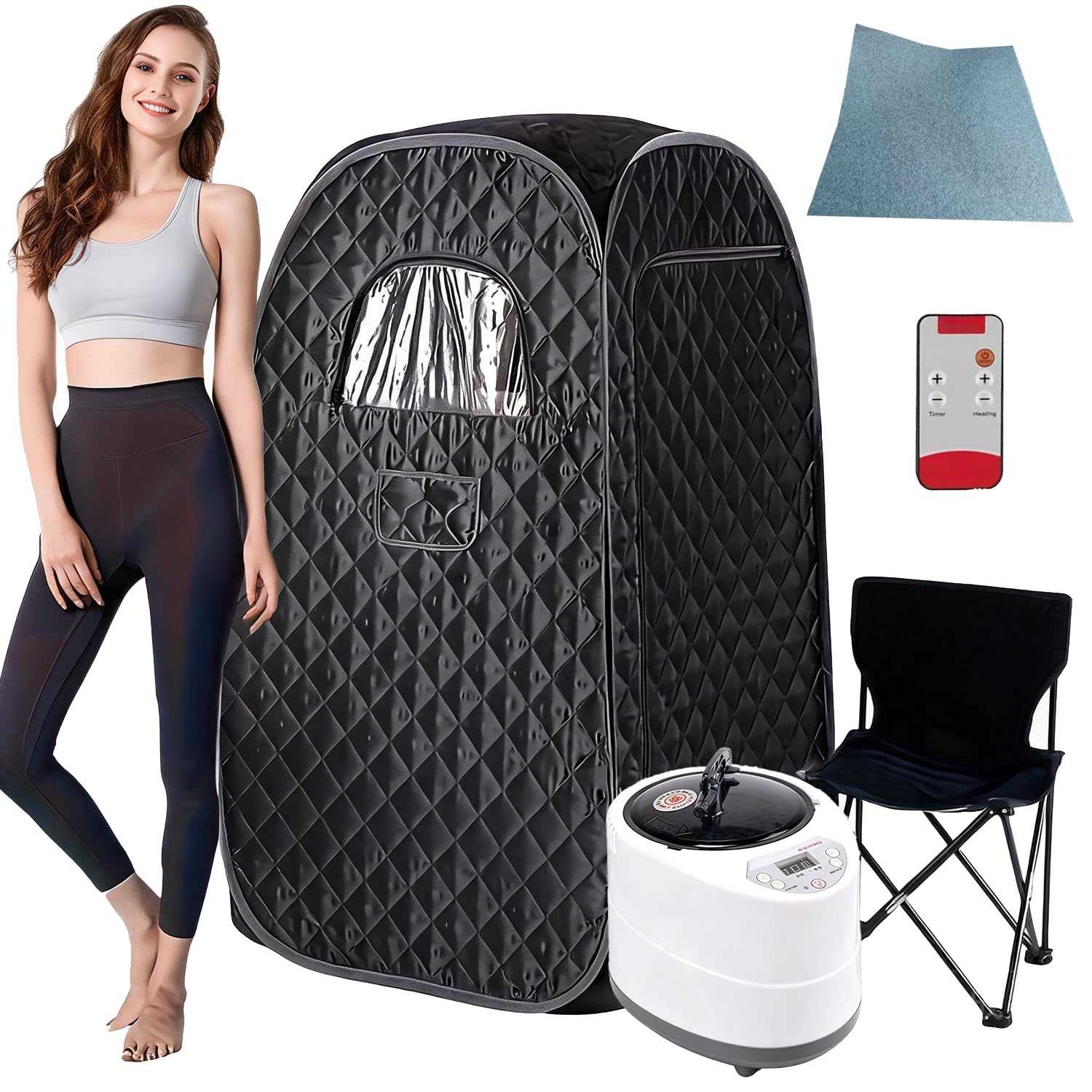 Sauna de vapor portátil para el hogar, plegable, con generador de vapor de 1200 W, 3 L, mando a distancia, silla plegable y alfombrilla impermeable, tu sauna personal para bienestar y relajación