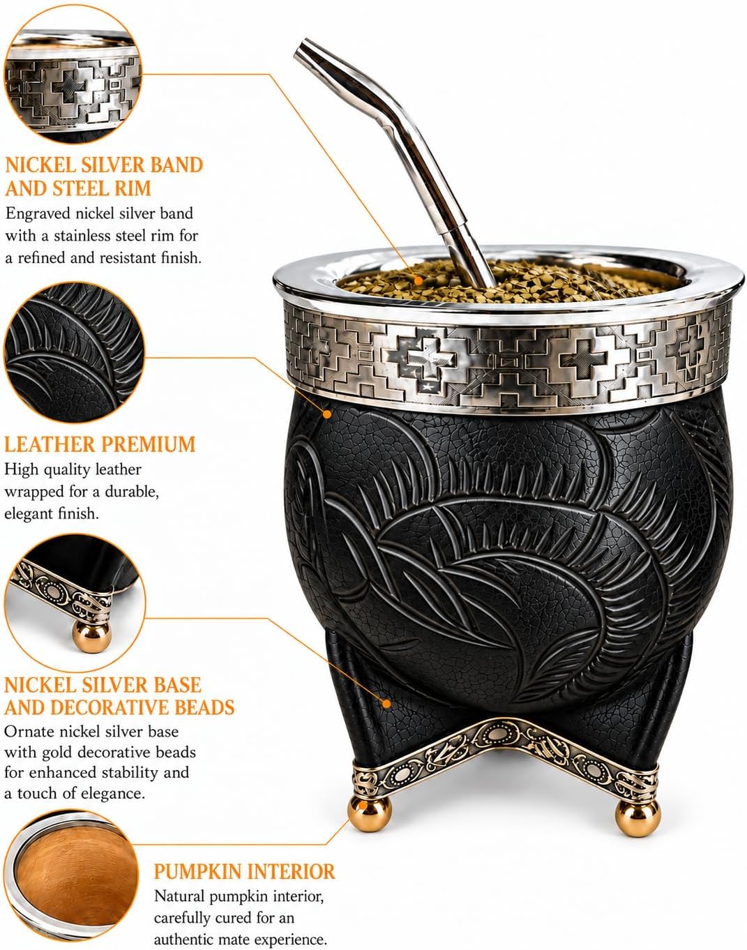 Yerba Mate Cup Set Argentina, Calabash Gourd, Nicker Silver Base & Feet. (Black, Tooled)