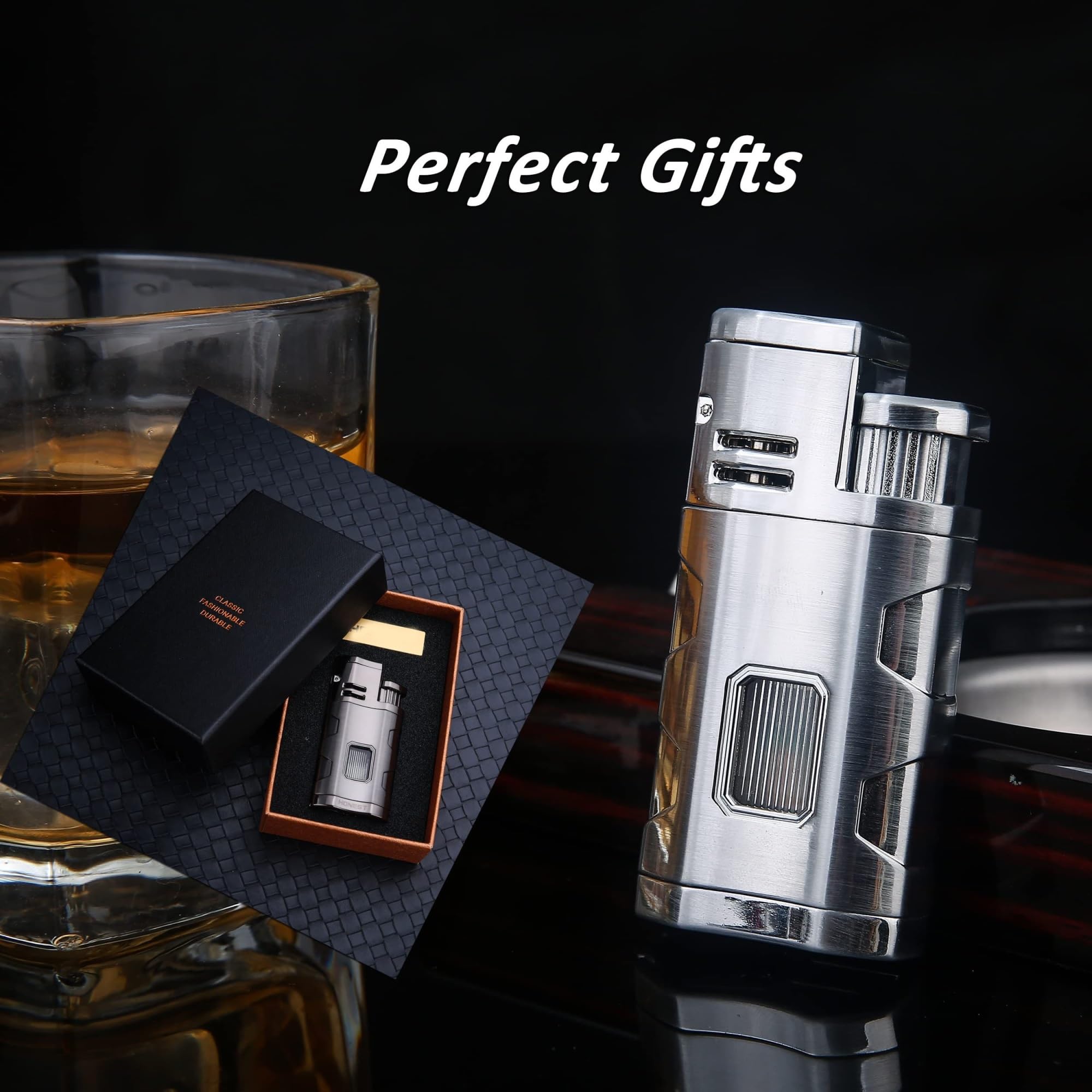 Triple Jet Flame Vintage Metal Butane Lighter with Visible Gas Window Push to Ignite, Adjustable Flame Windproof Portable Lighter for Candle Camping Gift (No Fuel Included)(Red Brass)