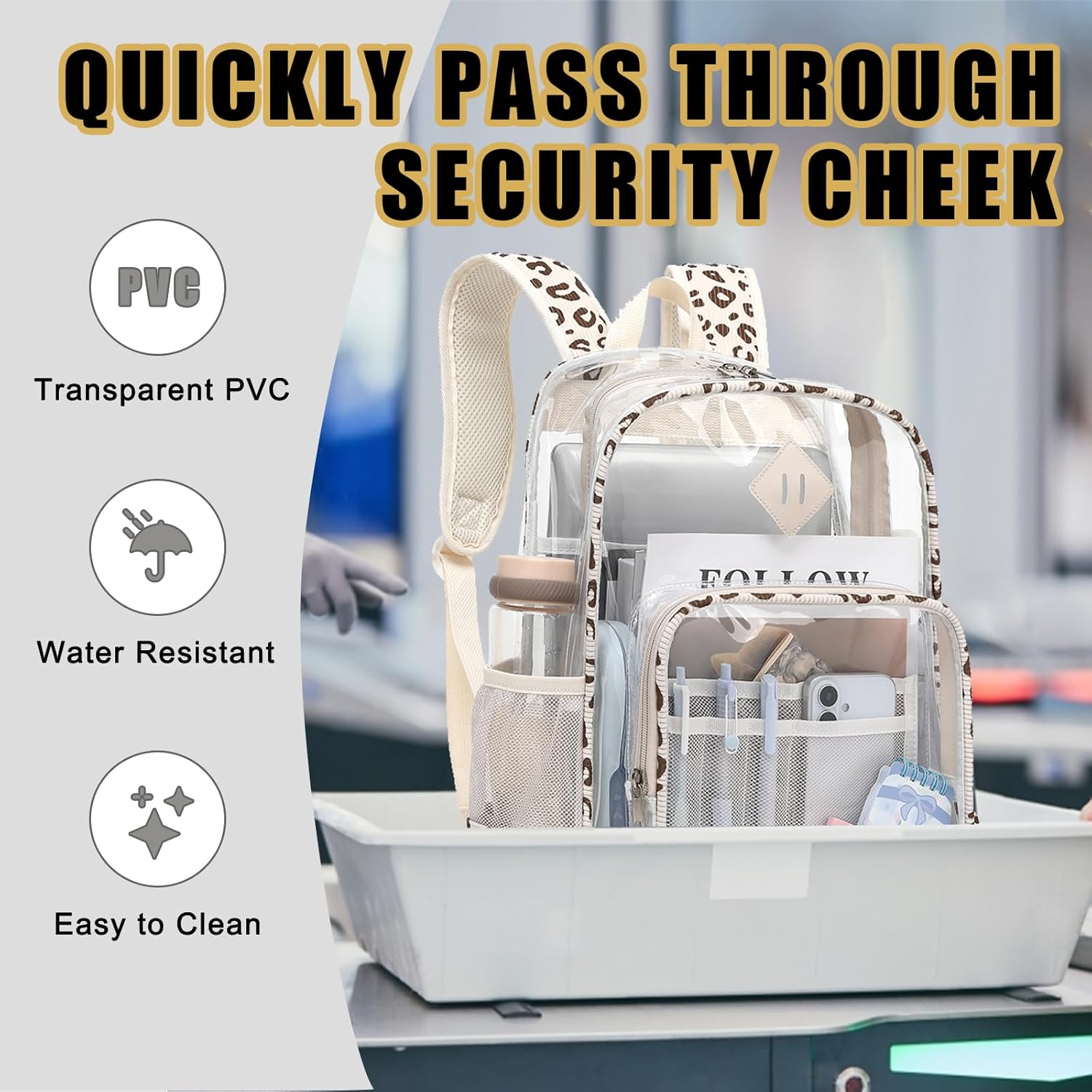 Clear Backpack for Girls Women School Bookbag Heavy Duty Transparent Backpacks (Beige Corduroy Leopard) - Image 5