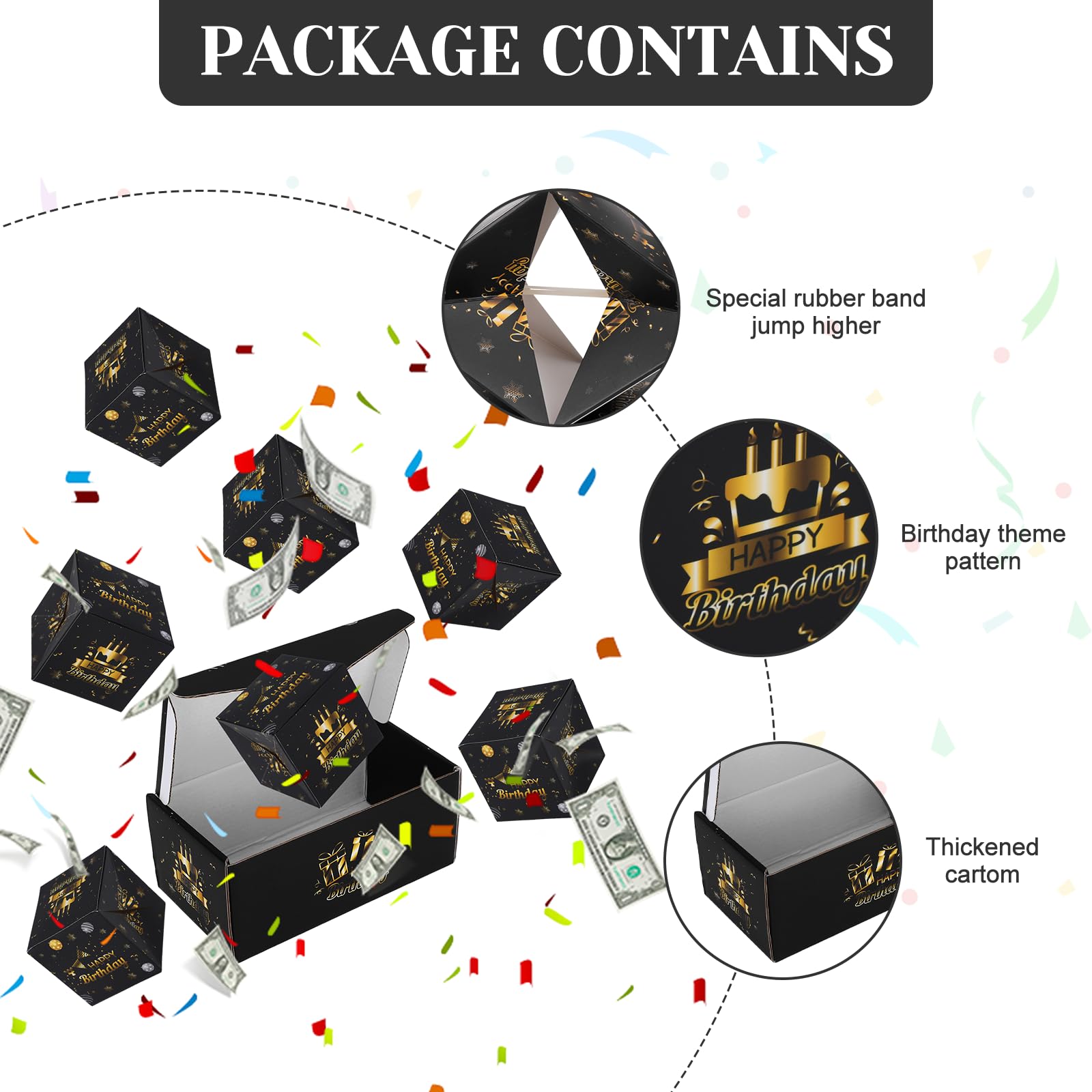 Exploding Gifts Box, Black Gold Surprise Explosion Gifts Box Birthday Money Boxes for Cash Gifts Pop Up Birthday, DIY Unique Folding Happy Birthdays Surprise Boxes Party Favors for Men Women