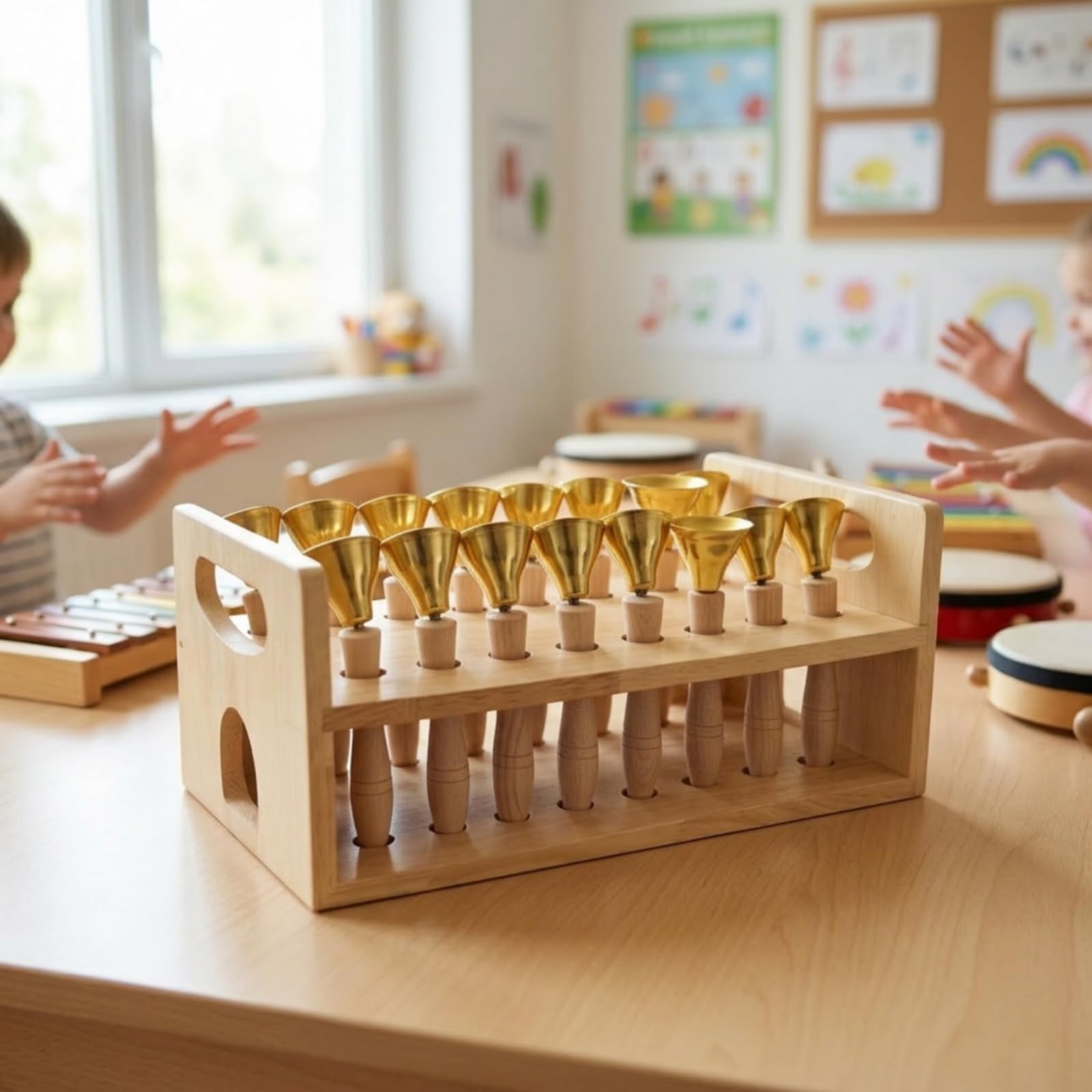 Campana de Percusión Infantil Campana Mano Instrumento Musical Juguete Rítmico con Asa Madera Cómoda y Campana Metal con Estante Estable para Guardar