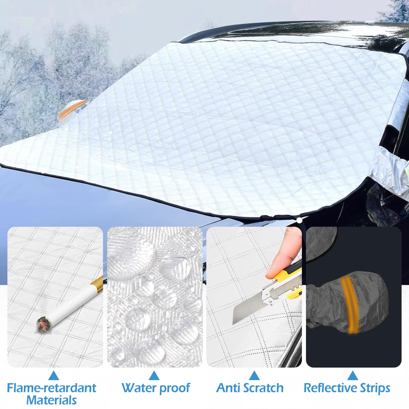 Couverture Pare Brise Voiture, Housse de Pare-Brise avec Protection pour Rétroviseurs, avec 9 Aimants pour Voitures/SUV, Protège de la Neige, du Verglas et du Soleil, 150x110 cm