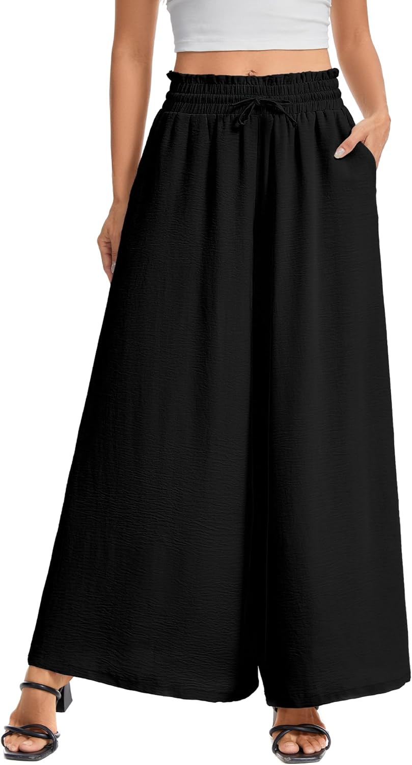 Women’s Wide Leg Pants Drawstring Elastic Waist Casual Trousers Lightweight Loose Lounge Pants with Pockets