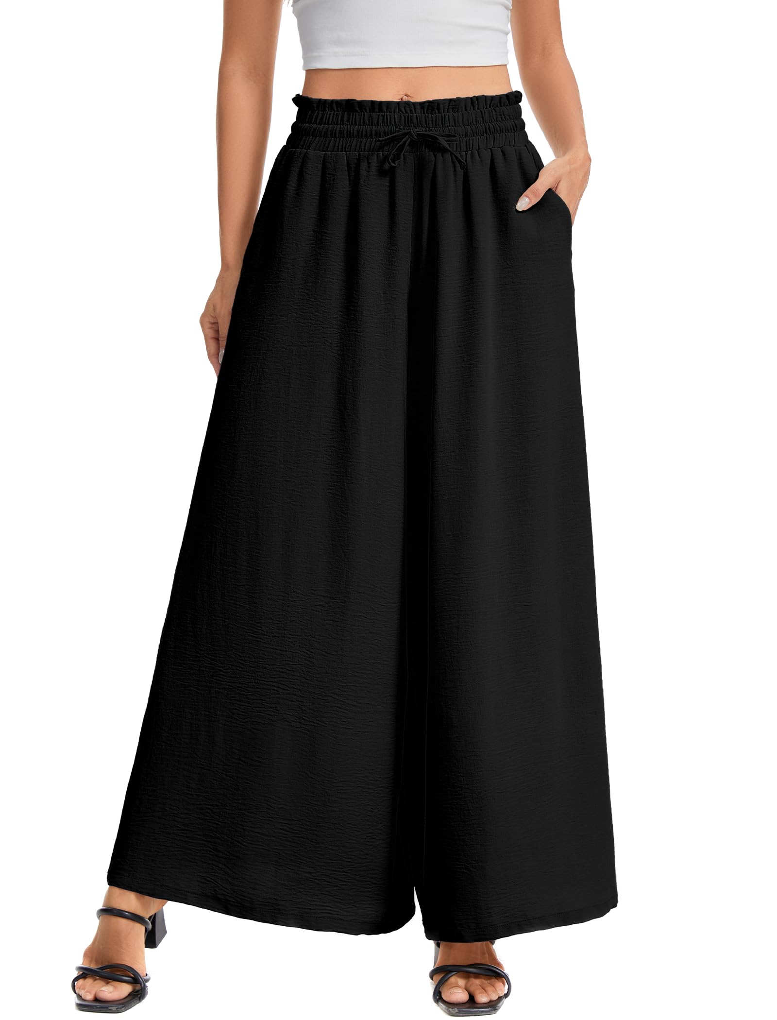 Womens Wide Leg Pants Drawstring Elastic Waist Casual Trousers Lightweight Loose Lounge Pants with Pockets