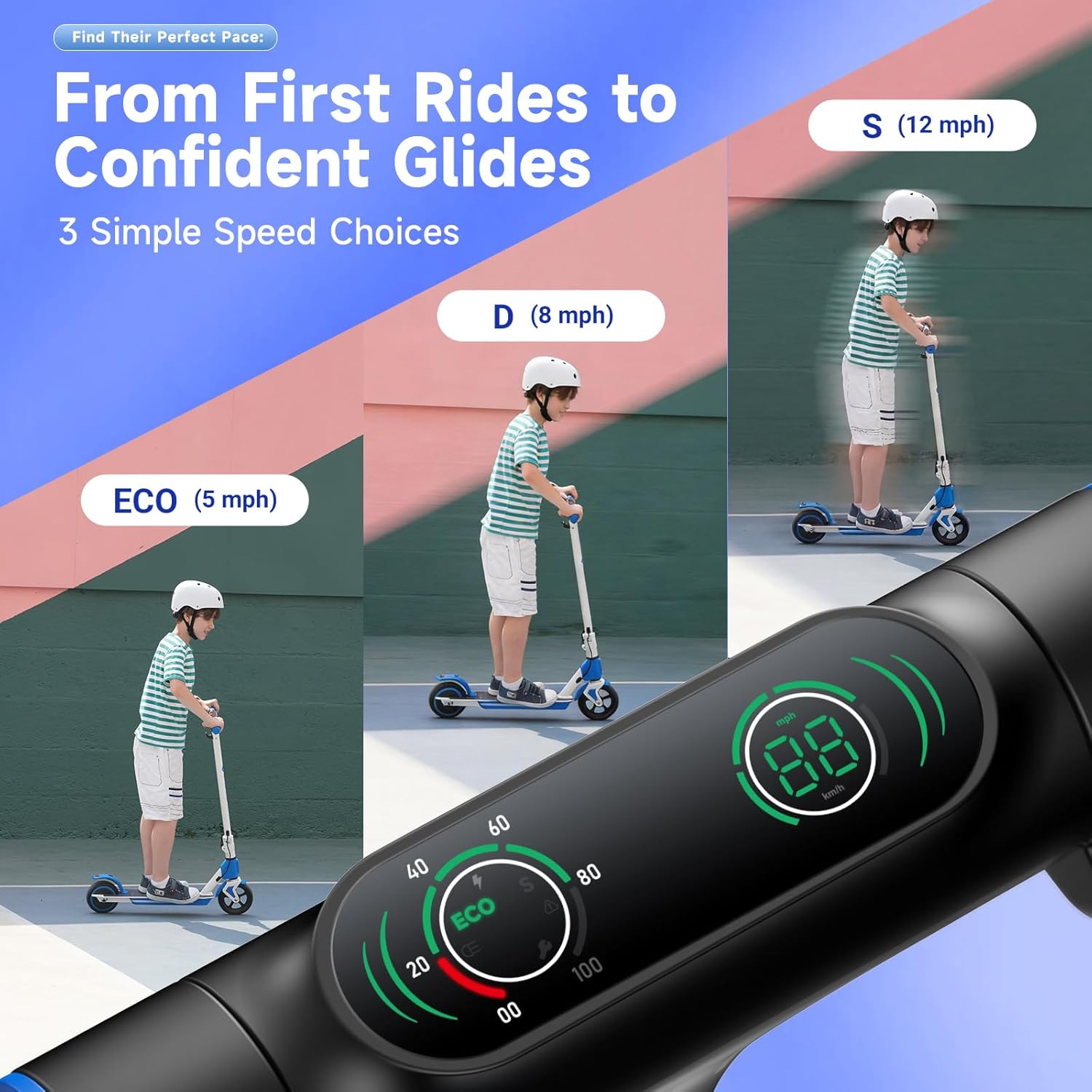 isinwheel S4 Electric Scooter for Kids Ages 6-14, 200W Foldable Kids Electric Scooter with 3 Speeds (5/8/12 Mph), LED Display, Colorful Lights, Gift for Kid