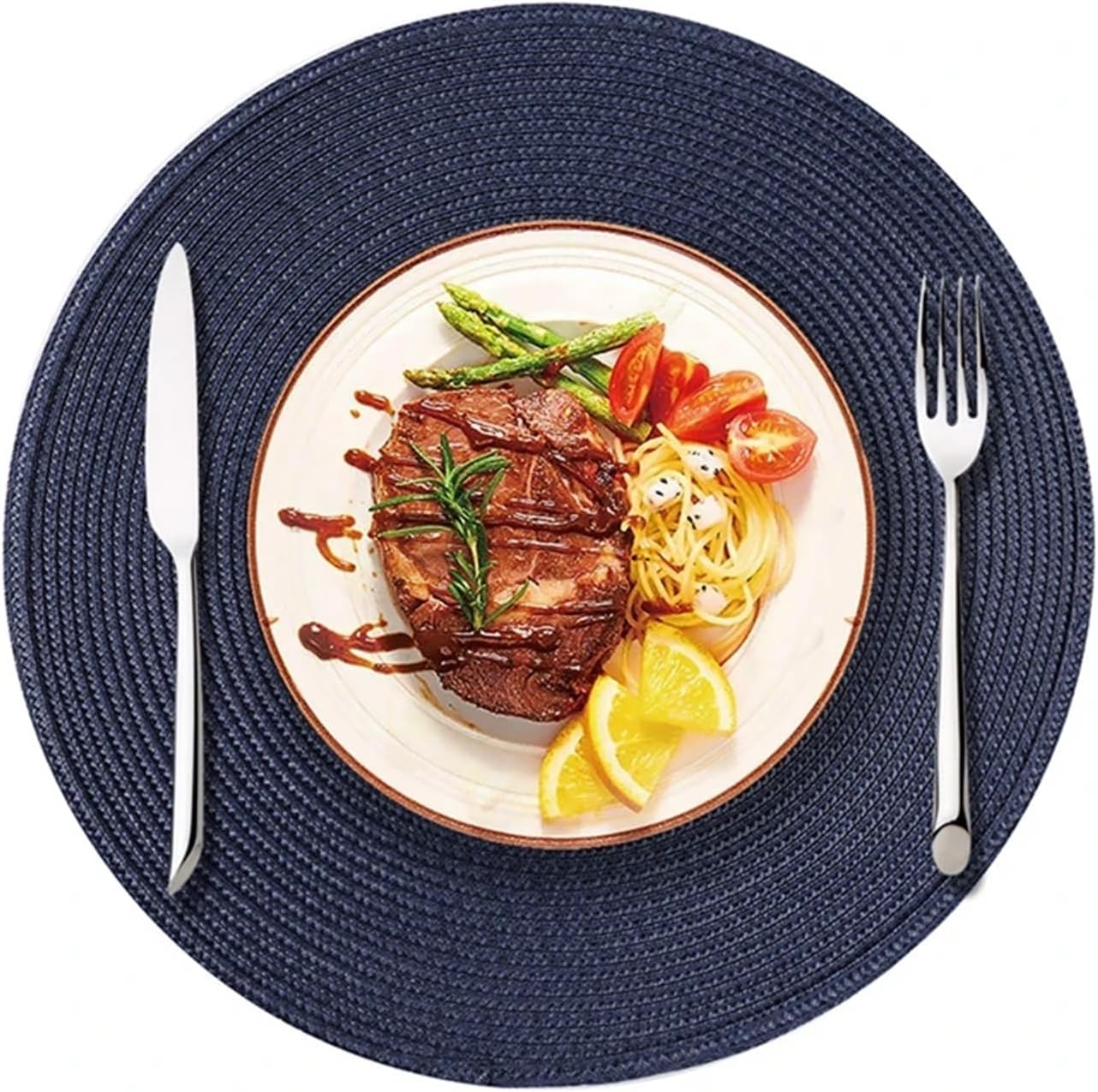 Green Placemats Round Braided Table Mat Woven Non-Slip Dining Table Bowl Pads Kitchen Drink Cup Coasters(PPR Dark Blue,4pcs 38cm)