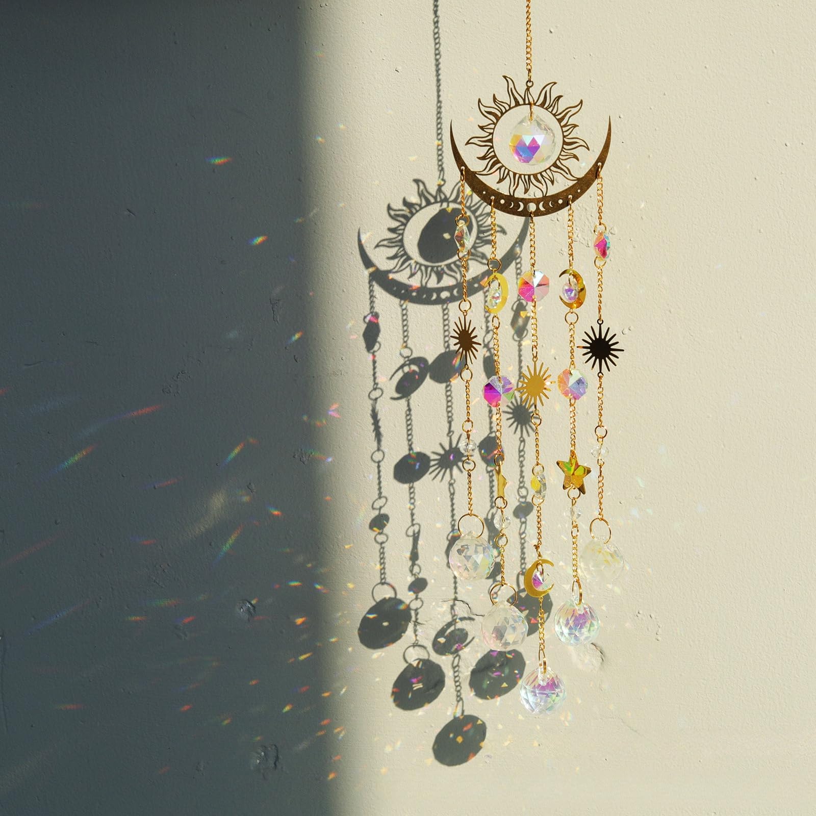 Sun and Moon Crystal Wind Chime Suncatcher,Hanging Glass Ornament for Garden or Windows,Indoor/Outdoor Decor,Rainbow Maker,Garden Gifts for Women,Home & Backyard Decoration