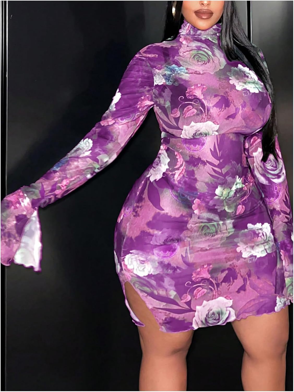 SOLY HUX Women's Plus Size Floral Print Mesh Split Hem Bodycon Dress Mock Neck Bell Long Sleeve Mini Dresses - Image 4