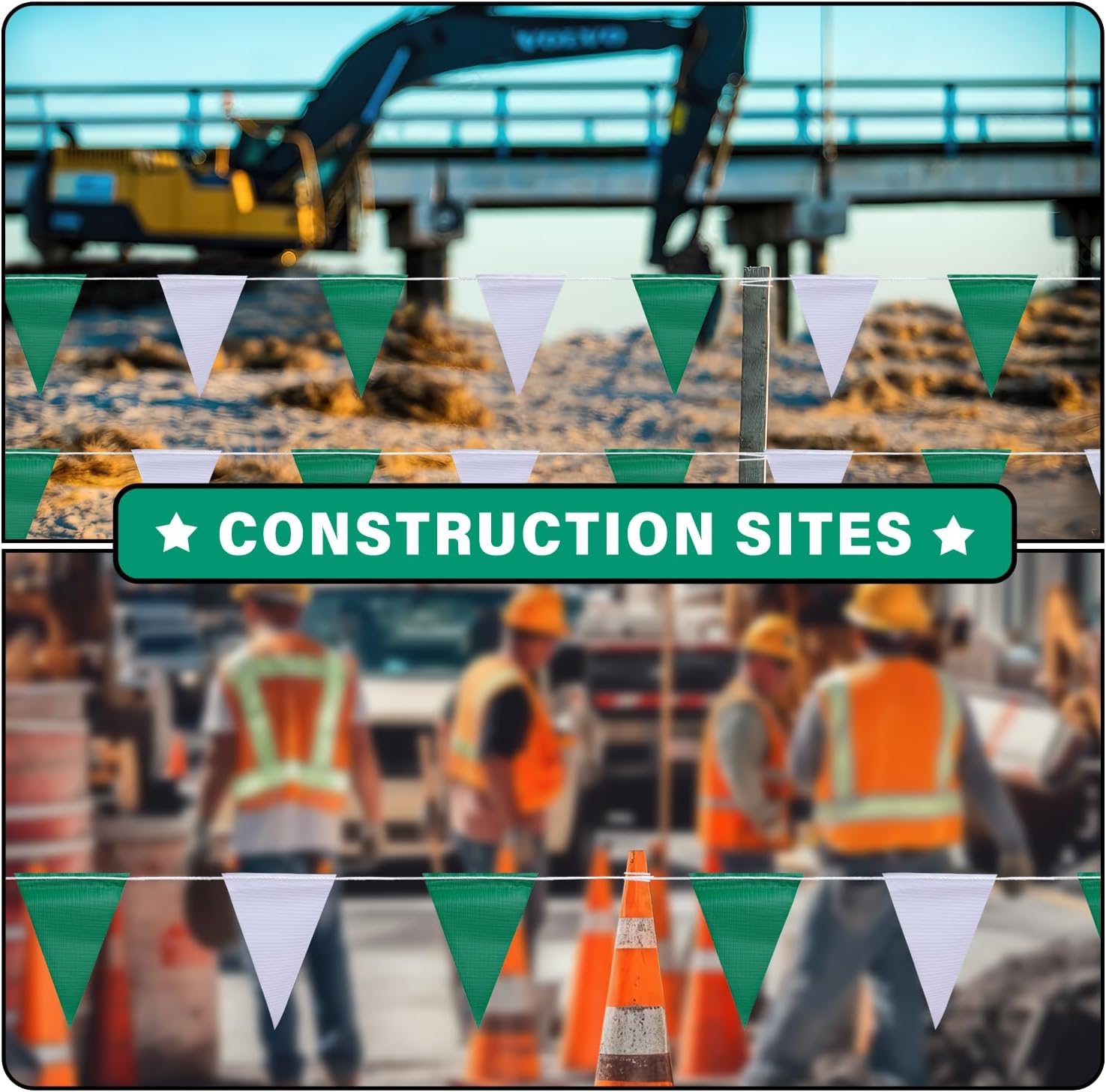 105ft Pennant Banner Flags, 7x10 Green and White 45 Pcs High Visibility Safety Flagging on String, Triangle Pool Flags for Backstroke, Construction Events Party Decoration Parking Marking Outside - Image 7