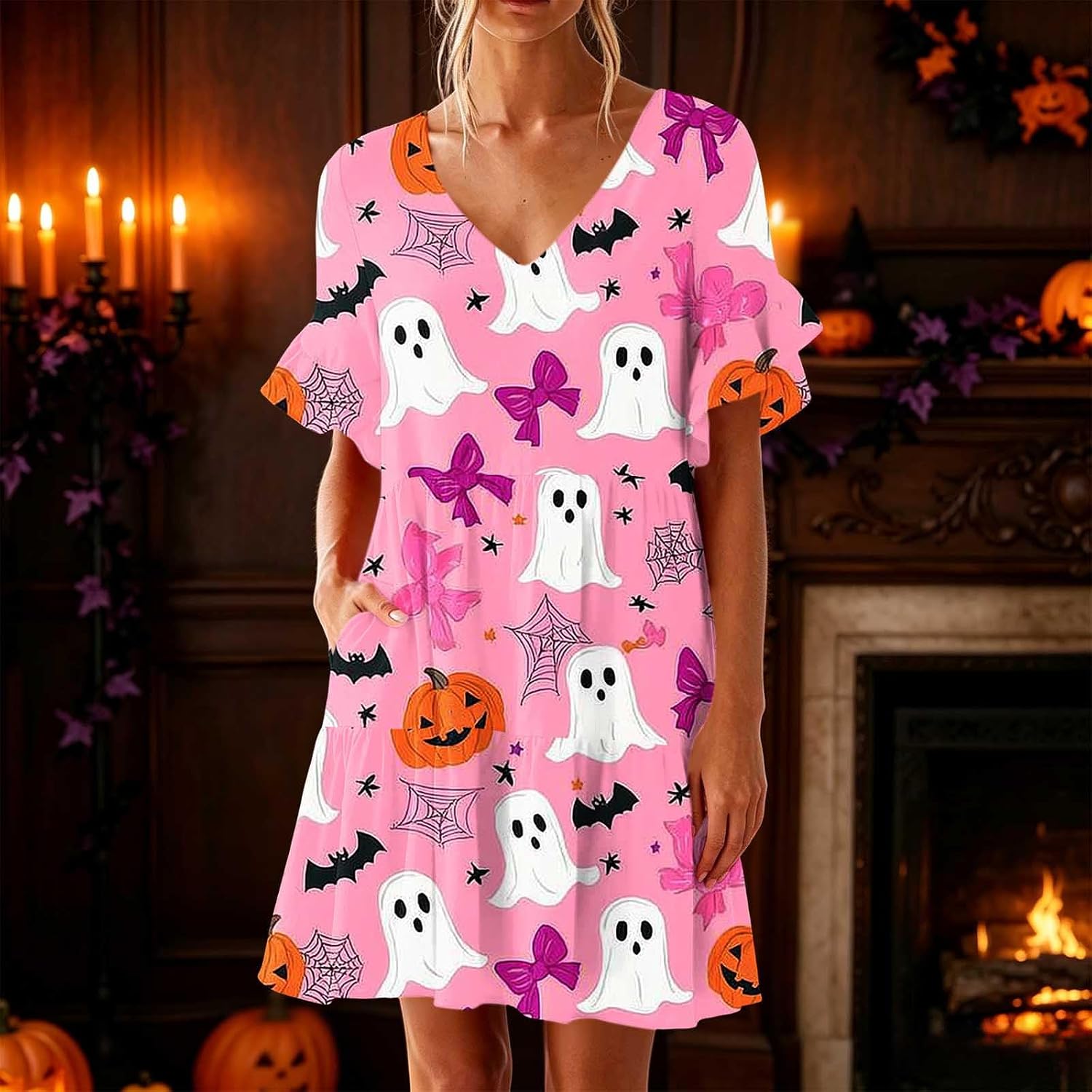 Women Print Nightgown V Neck Ruffle Sleepwear Halloween Dress