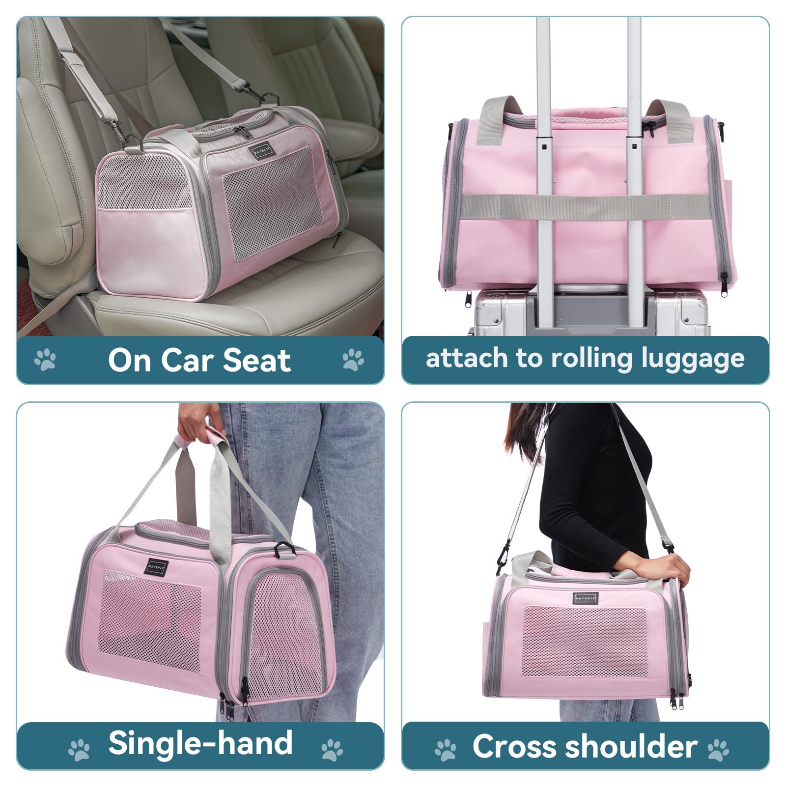 PETSFIT Borsa per gatti con tappetino estensibile, approvato dalle compagnie aeree, trasportino per gatti e cuccioli fino a 5,4 kg (44 x 26,5 x 27 cm, rosa)