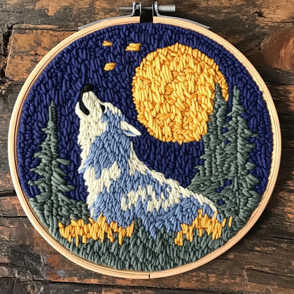 DIY Punch Needle Kits Grey Wolf Howling Moon Easy for Beginners Punch Needle Embroidery Set with Hoop Stamped Pattern for Craft Lovers and Home Decor-5
