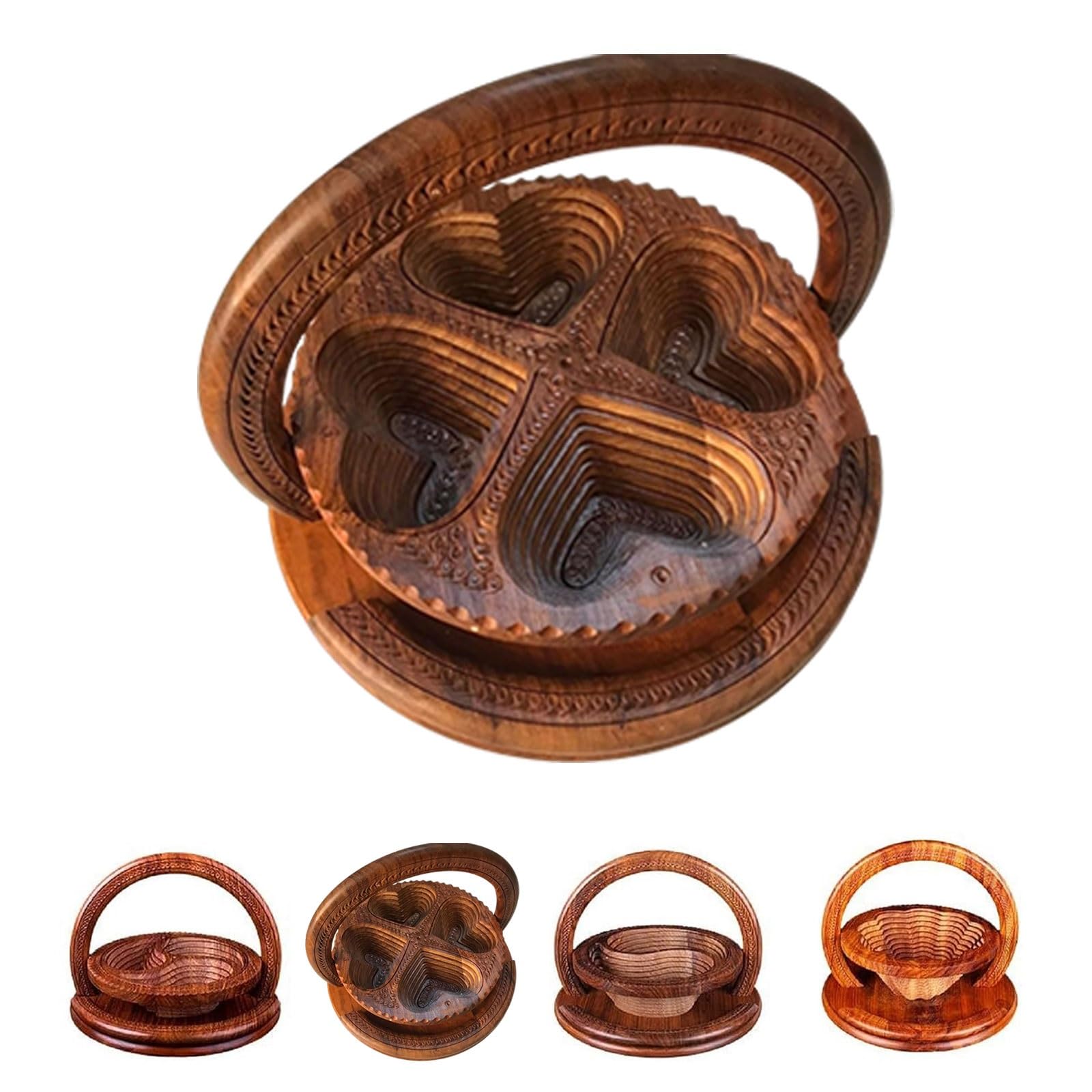 Foldable Walnut Basket for Fruit, Handmade Wood Carving Fruit Plate Wooden Collapsible Fruit Basket for Fruit, Bread and Nuts(Four Compartment)
