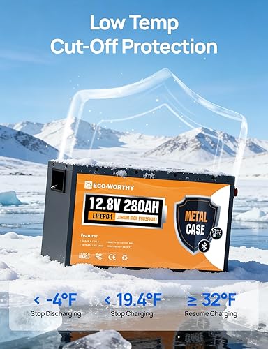 Miniatura 7 de ECO-WORTHY LiFePO4 carcasa metálica de 12 V 280 Ah batería de litio con Bluetooth, protección a baja temperatura, BMS de 200 A integrado, 3584 W