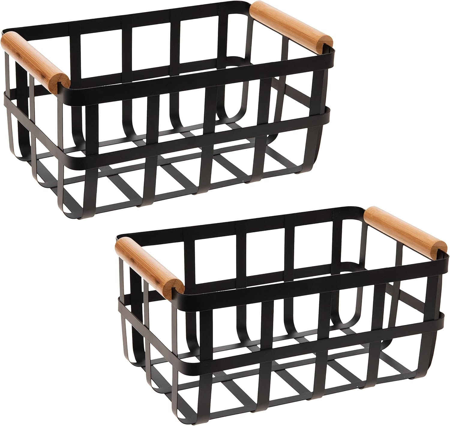 Simplify 2 Pack Rectangular Metal Storage Basket with Bamboo Handles | Large | Farmhouse Style Wire Basket | Home Organizer | Decorative | Rustic | Black (KIT-10038-BLACK-2PK)