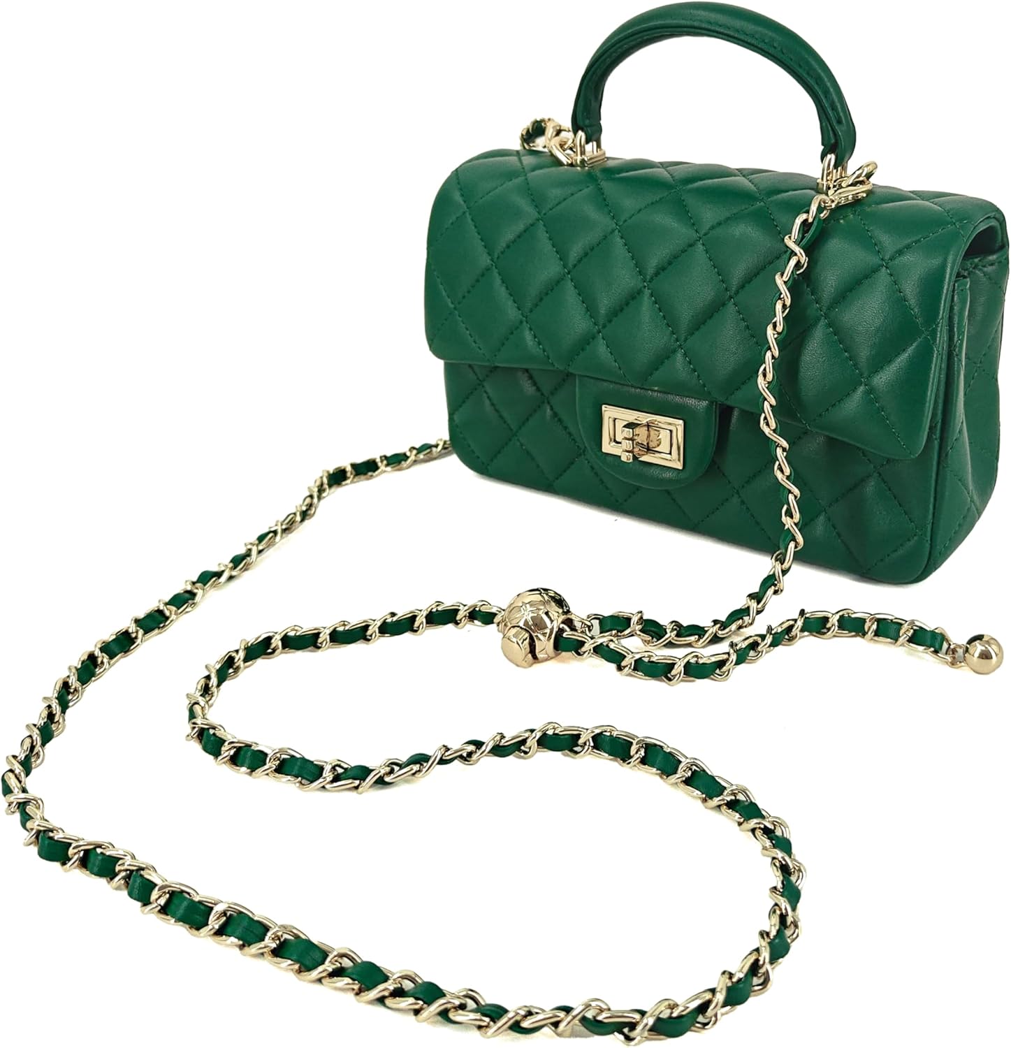 Small Quilted Crossbody Bag for Women, Genuine Leather Mini Shoulder Flap Purse with Gold Chain Strap & Top Handle - Image 8