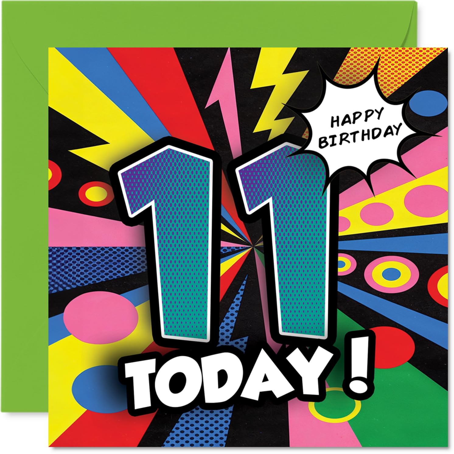 Celebratory 11th Birthday Card - Bursting with Birthday Energy - Bright Multicolour Design with Bold '11 Today' Graphics - 145mm Square, Envelope Included