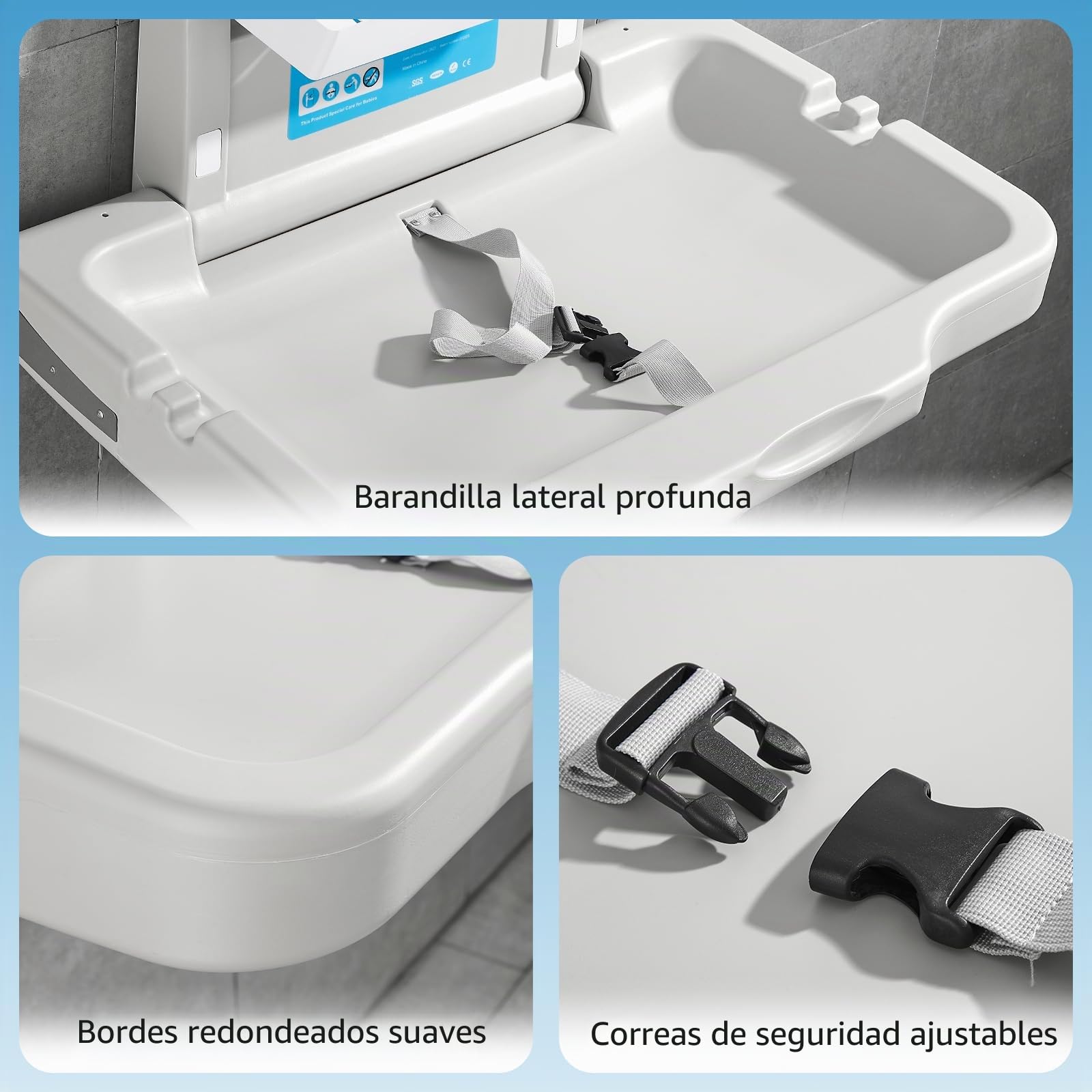 Cambiador con escudo de Bebé Cambiador de Pared Cambiador de Bebé Plegable Cambiador de Pañales Baños Comerciales Horizontal HDPE Meterial con Correa de Seguridad Blanco Gris