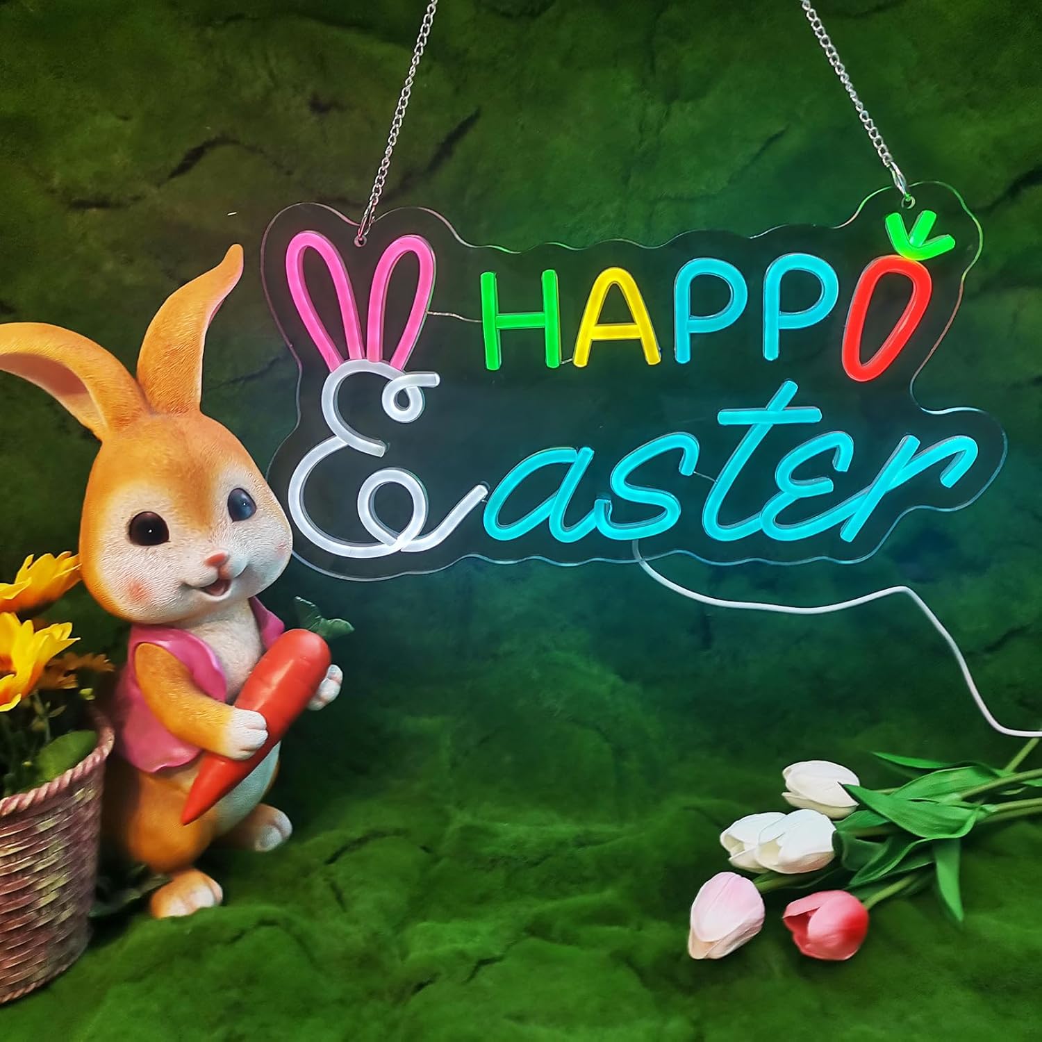 Happy Easter Neon Sign, Rabbit Shape Dimmable LED Easter Yard Sign Light, Easter Neon Sign for Wall Room Windows Lawn Party Decorations Easter Hanging Sign for Spring Front Yard Sign