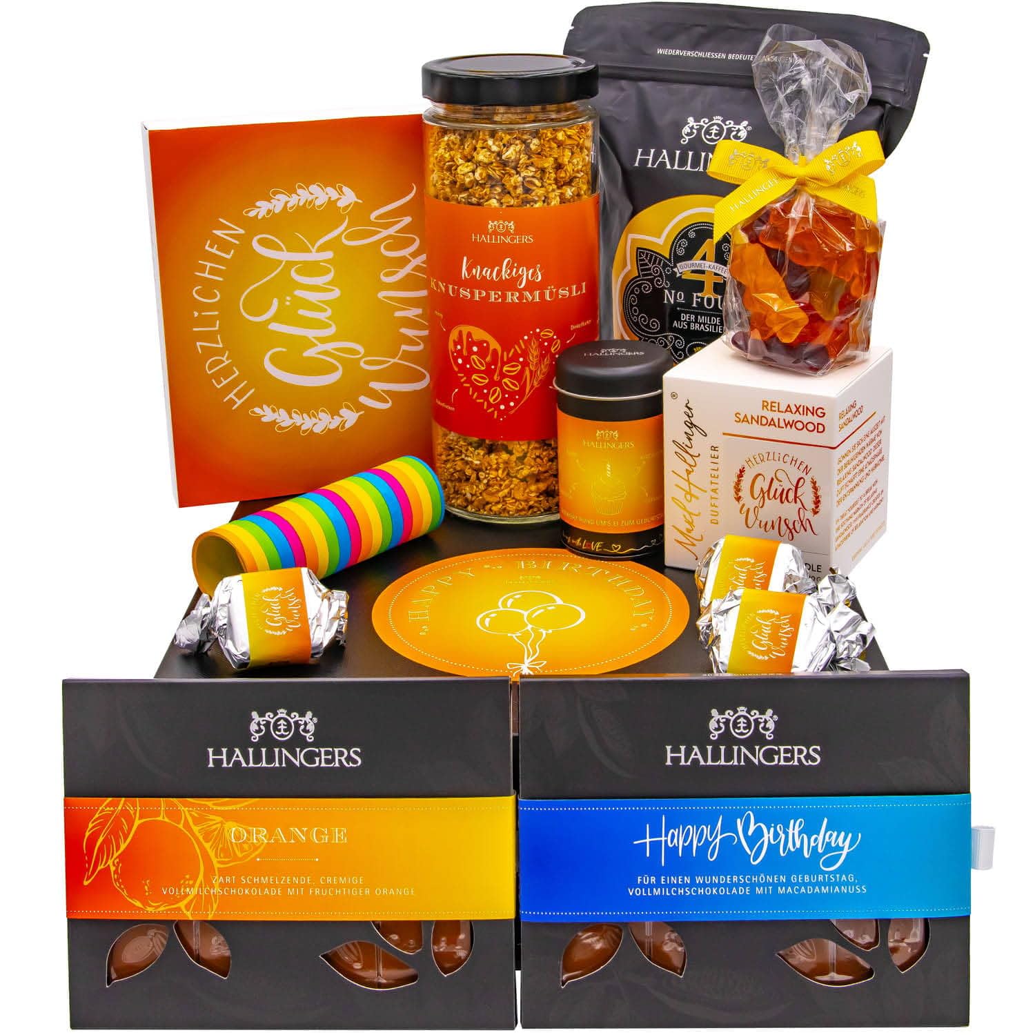 Hallingers Genuss Manufaktur Feinkost Geburtstagsgeschenk-Set - XXL-Geschenkkorb "Happy birthday ..." großer Geburtstagsgruß Schoki, Pralinen, Duftkerze, Müsli, Kaffee & mehr, Geschenke für Frauen