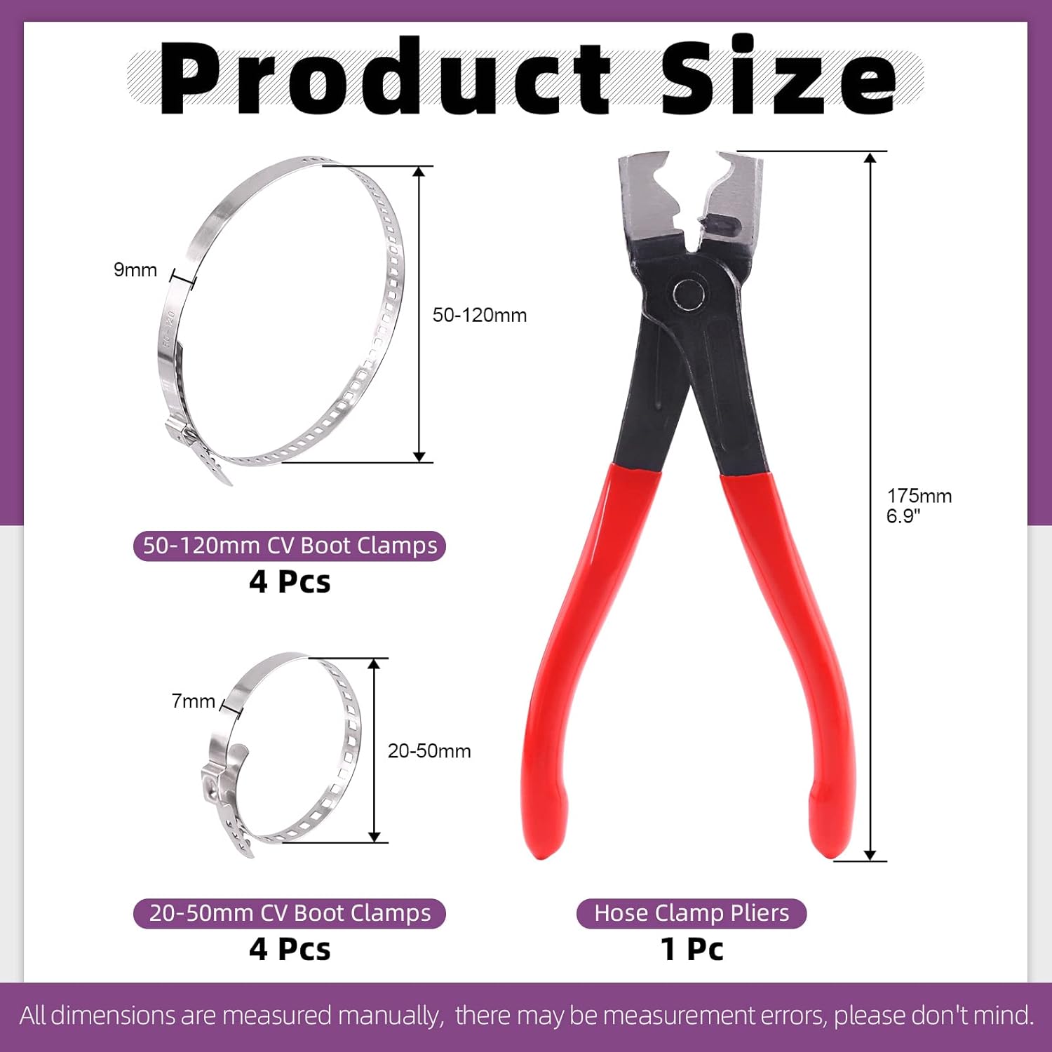 Swpeet 9Pcs Heavy Duty Multi-purpose Hose Clip Pliers with Small and Large Stainless Steel CV Boot Clamp Assortment Kit, Crimp Clamp Clic-R Collar Pliers Adjustable Drive Shaft CV Boot for Most Cars