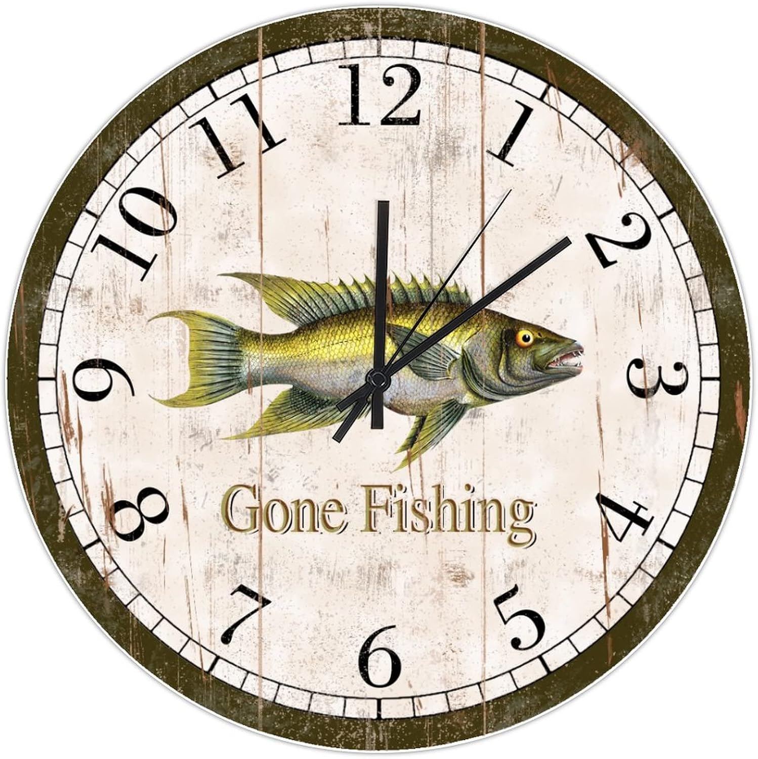 Vintage Gone Fishing Hanging Clock Float Frame Print Wood Wall Clock 10in Antique Silent Non Ticking Battery Operated Postage Stamp Popular Wall Decor for Farmhouse Study Room Restaurant Man Cave