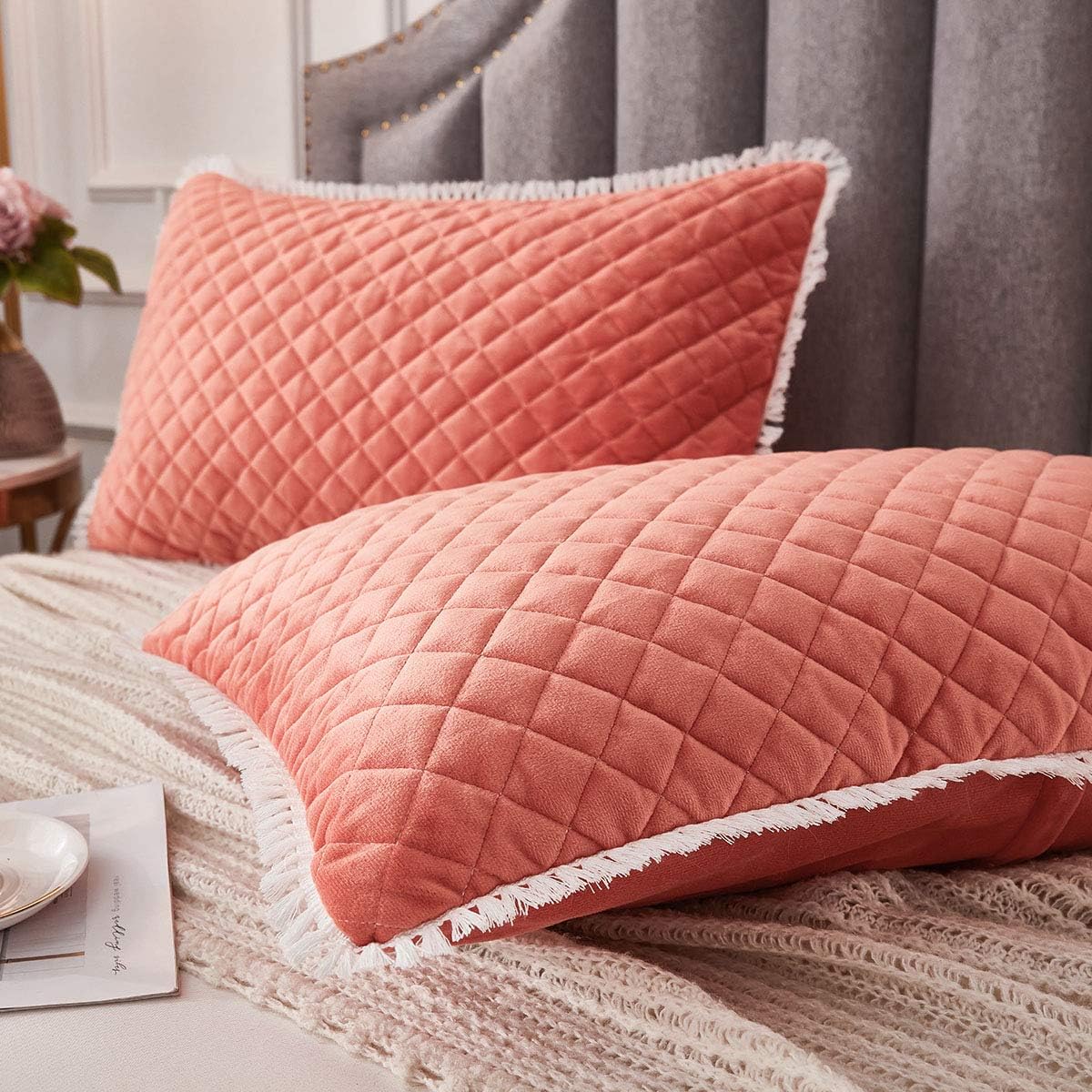 JAUXIO Diamond Quilted Velvet Pillowcases 2 Pack Tassels Decorative Fringe Cozy Warm Zipper Closure (Coral Orange, King)