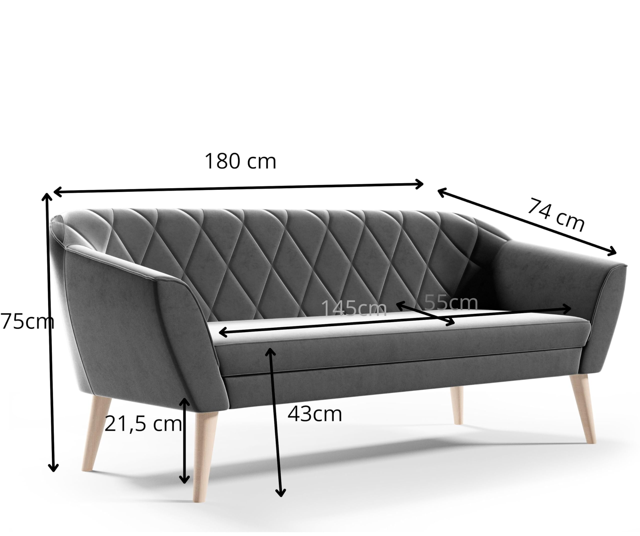 Couchgarnitur Gloria Wohnzimmerset 3+2+1 Sitzer Samt Hohe Holzfüße Buche (Riviera 91 grau)
