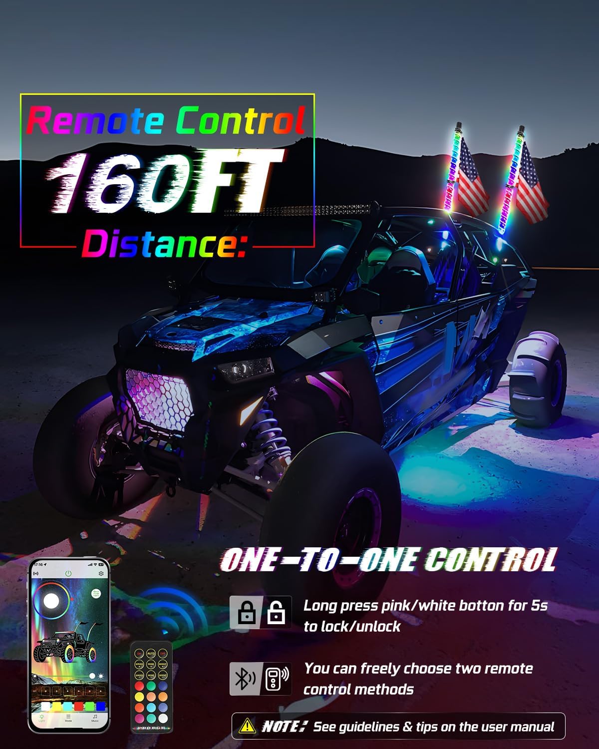 CO LIGHT 2FT Spiral COB LED Whip Lights with Remote and APP Control, 300 Colors & 200 Modes RGB Chasing/Dancing Lighted Antenna Applicable for RZR Can-Am Polaris UTV ATV Pickup Trucks, 2PCS