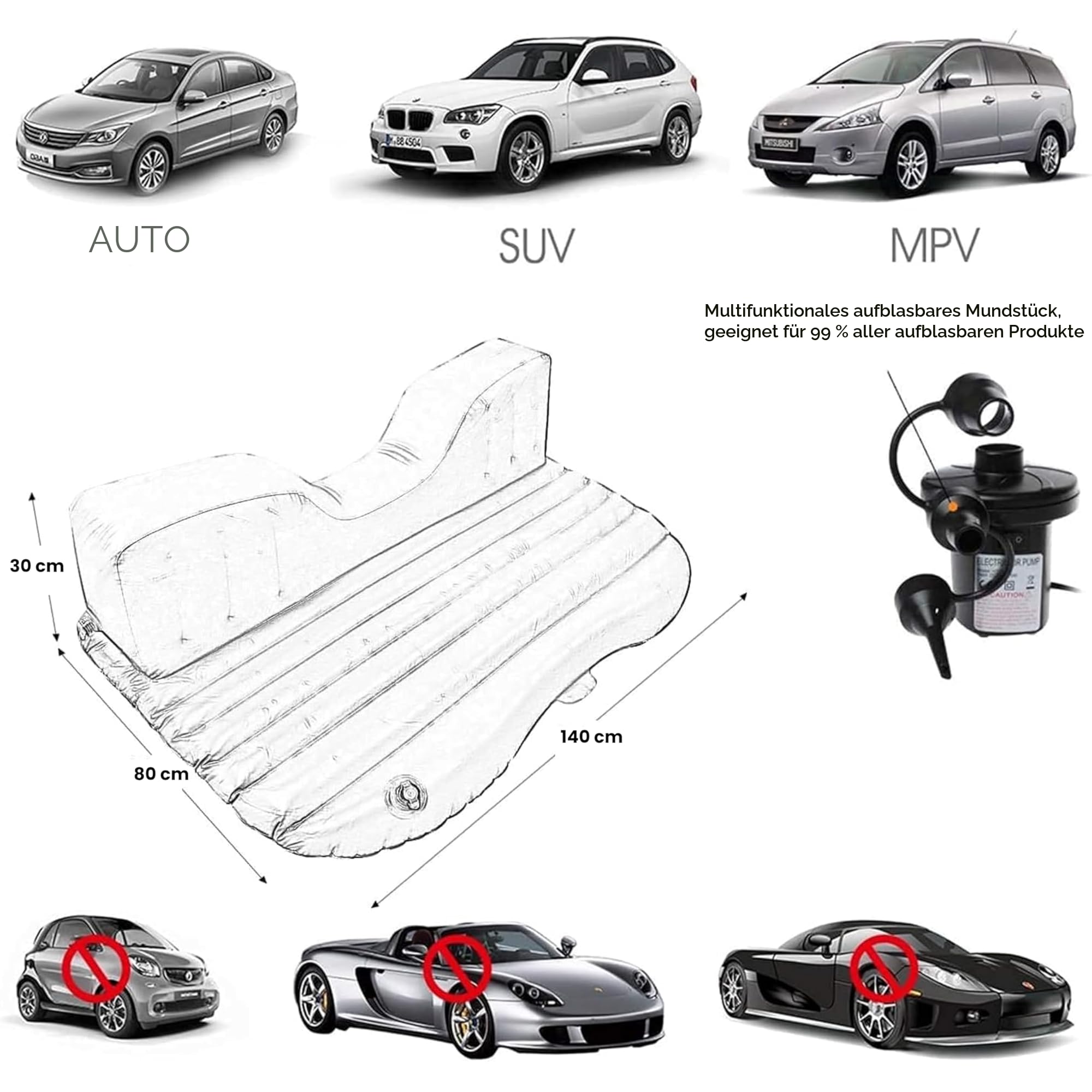 EDIESI, Luftmatratze Auto, Aufblasbares Bett, Autobett, Schlafmatratze, mit 12V elektrischer Luftpumpe und 3 Adaptern, Schnelle Inflation und Deflation (Schwarz)