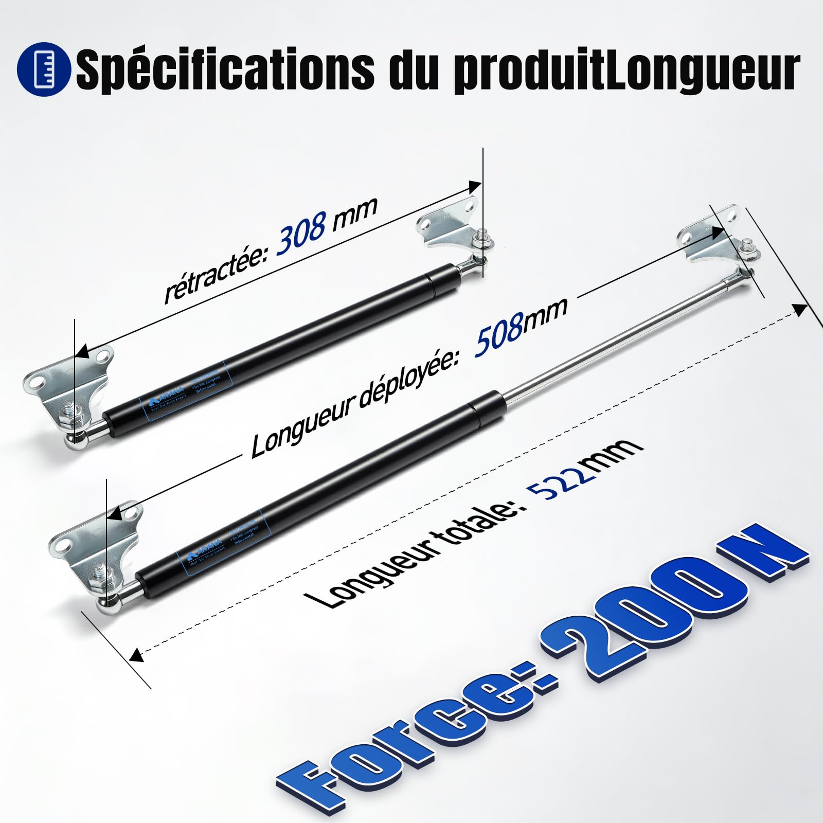 ARANA verin a gaz 500MM 200N/20KG Vérins Hydraulique avec Supports en L - pour Meuble TV Extérieur, Camion, Auvent, Porte de Sous-Sol, Coffre (Hydraulique/Équipements Lourds) - 2 Pièces