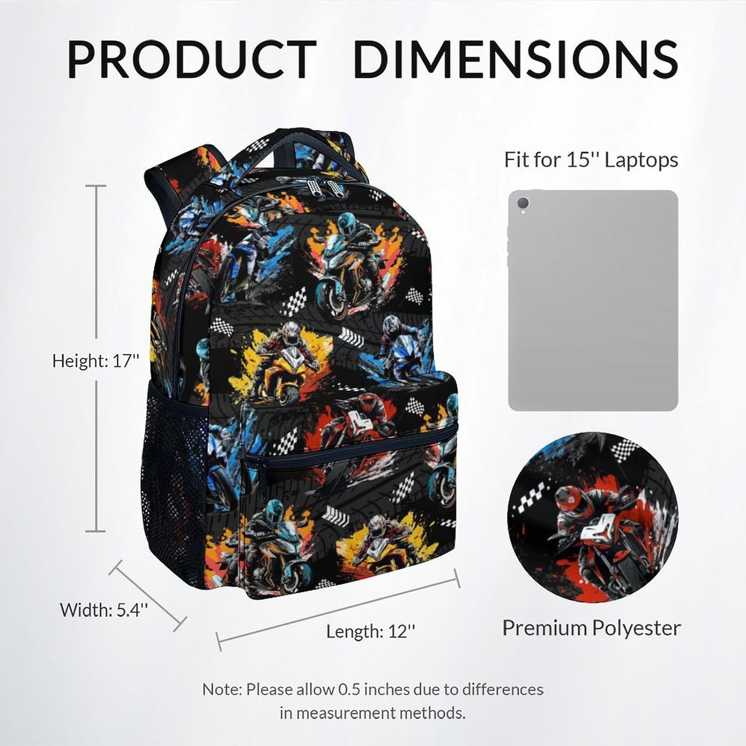 Kids Backpack - Motorcycle Backpacks for Boys - Durable Toddler Bookbag - Racing School Bag for Kindergarten/Preschool/Elementary(17 Inch)