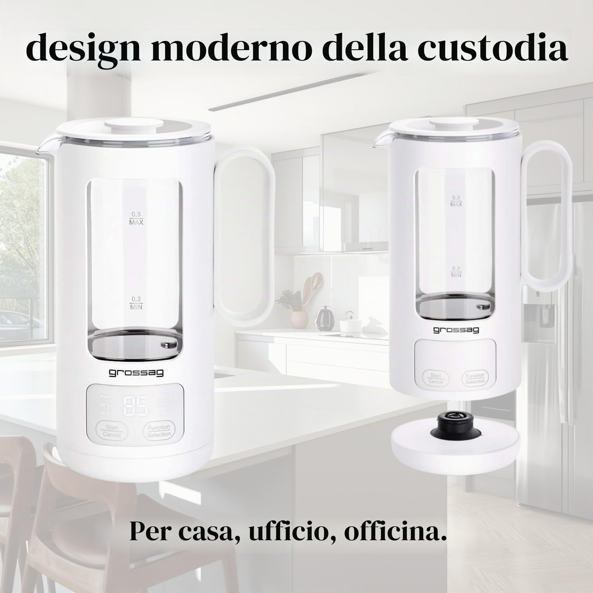 grossag Bollitore in vetro WK 8.00 con pentola in vetro da 0,5 litri, senza BPA per tè e alimenti per bambini
