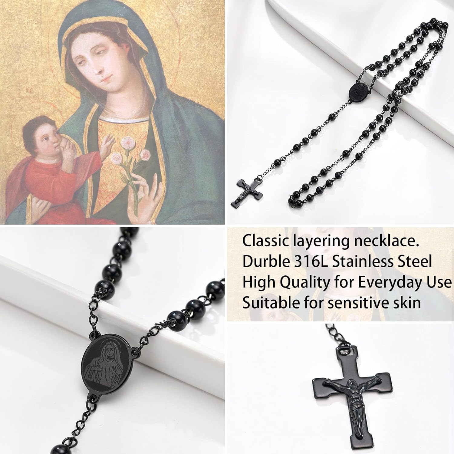 VNOX Rosary Cross Necklace for Men Women,Long Rosary Beads Catholic Cross Y Necklace with Crucifix Cross with Medal Pendant - Image 3